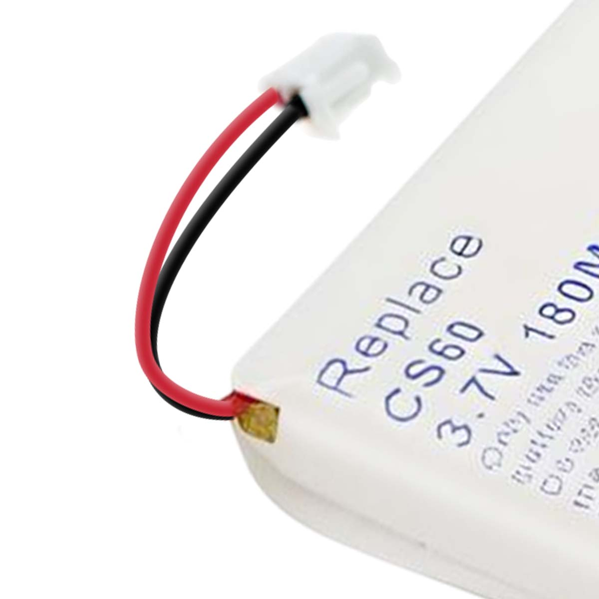 Una batteria bianca con cavi rosso e nero, etichettata 'Replace CS60 3.7V 180M'.