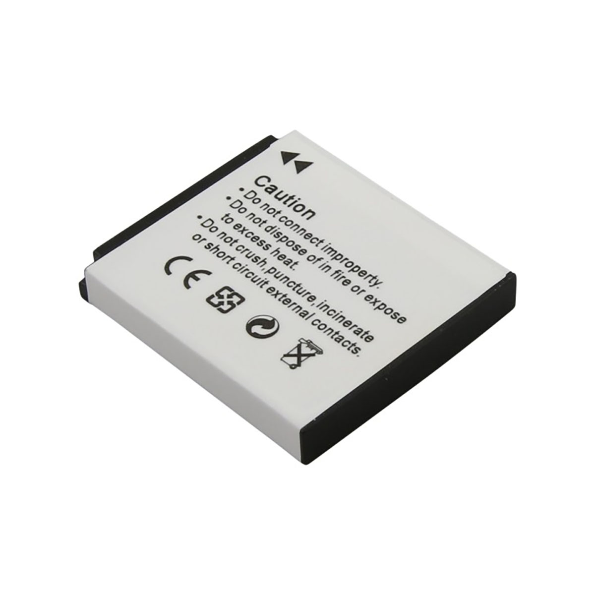 Una batteria bianca compatta con testo di avvertenza e simboli sulla sua superficie.