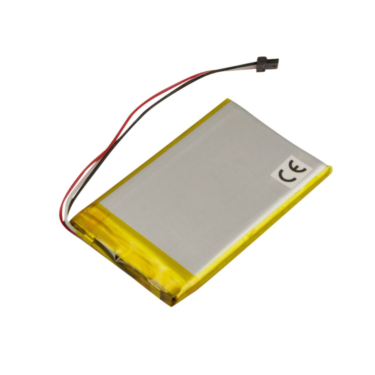 Una batteria piatta ai polimeri di litio con nastro giallo e marchio CE.
