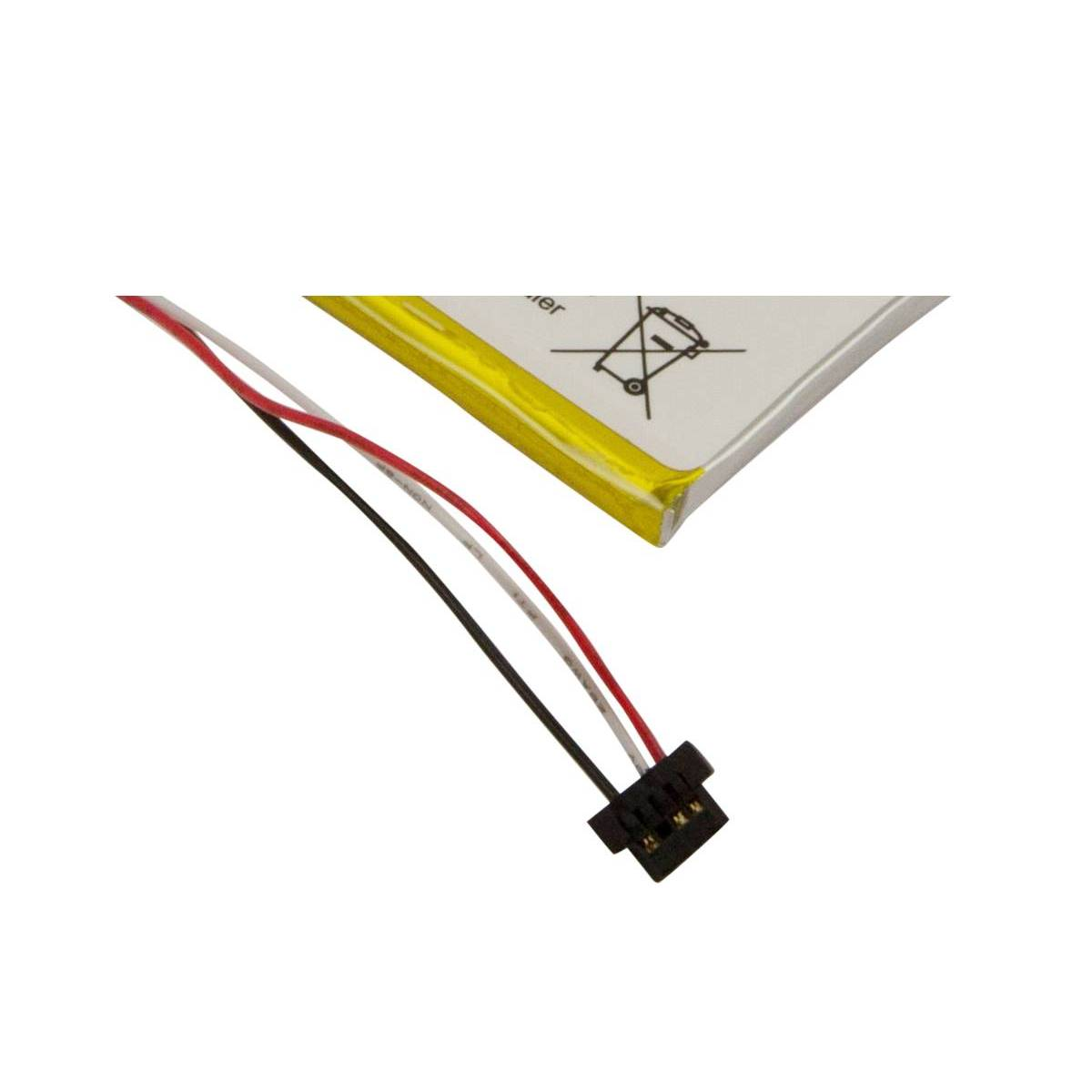 Una sottile batteria con bordo giallo e tre fili: nero, bianco e rosso.