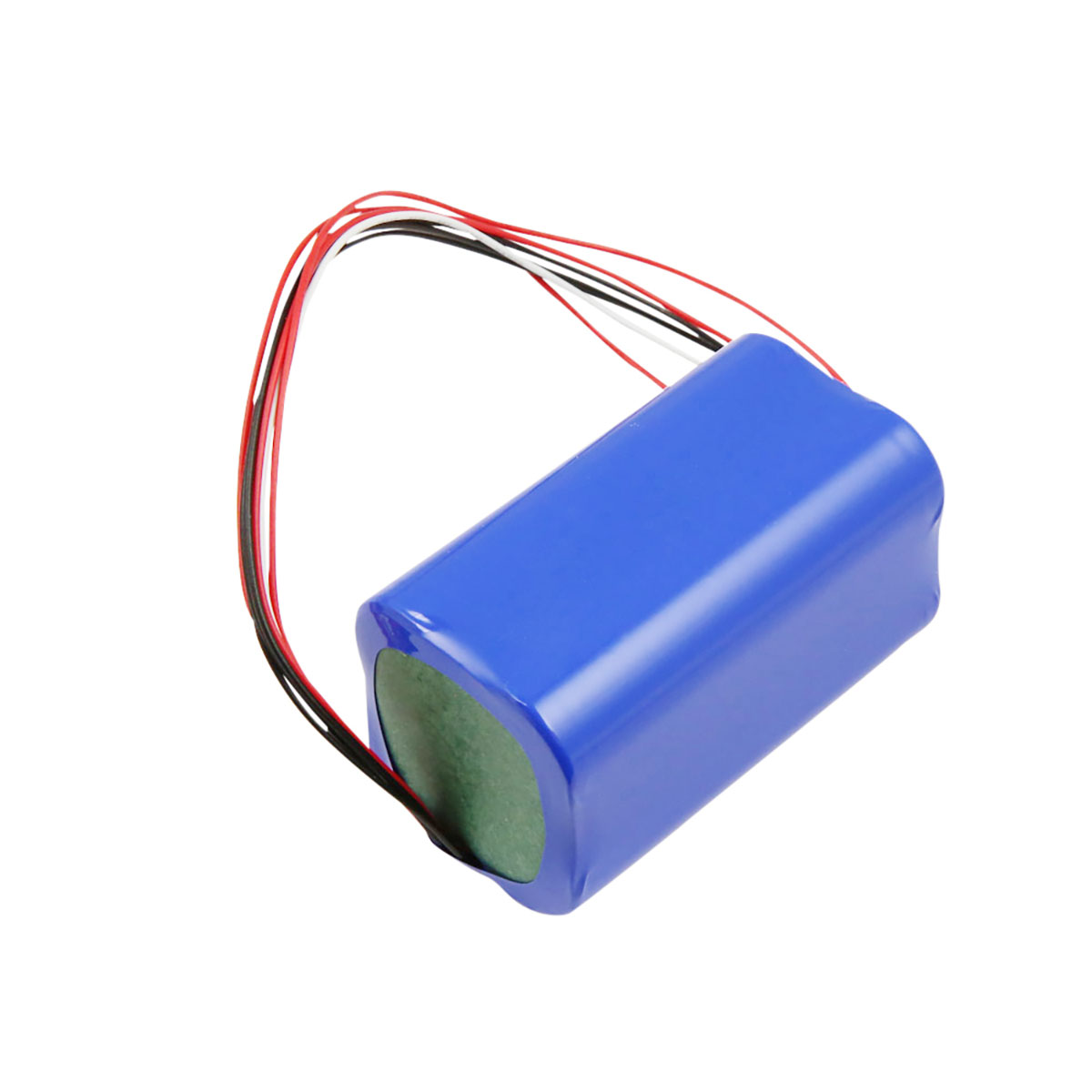 Un pacco batteria blu con quattro fili: rosso, nero, bianco e rosso.