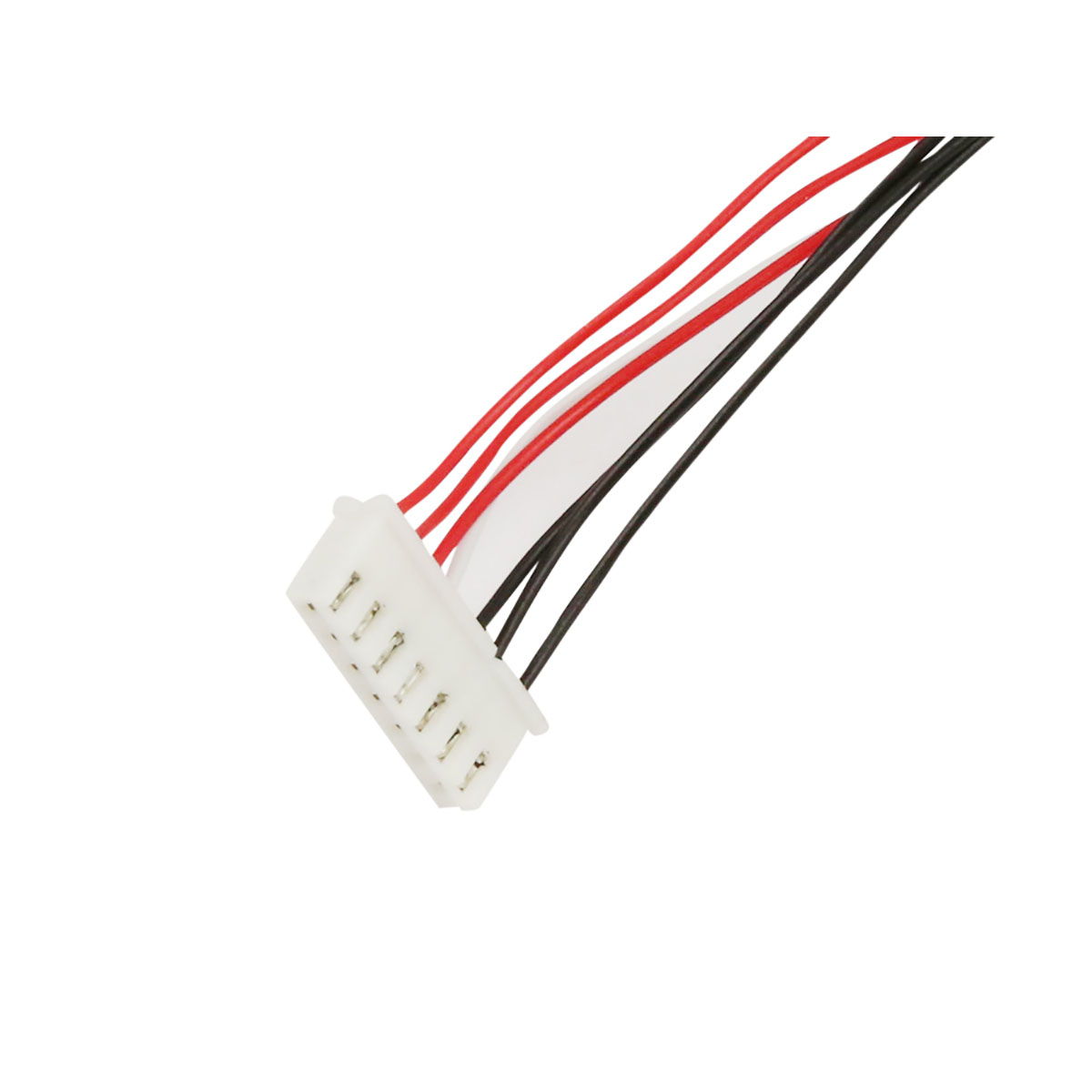 Un connettore bianco con fili rosso, nero e bianco.