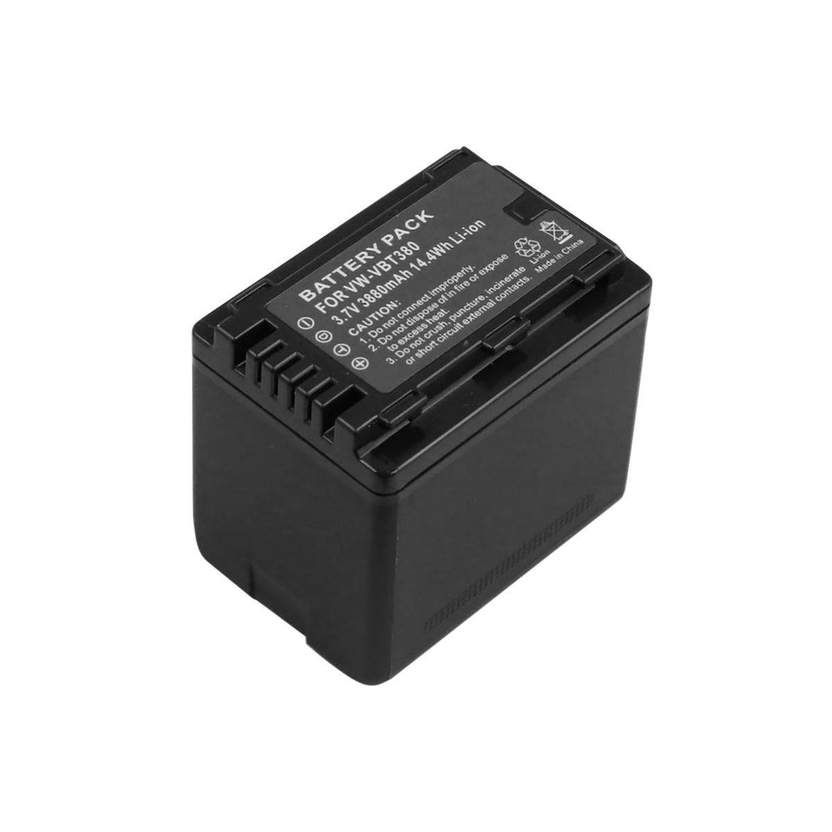 Batería negra para VW-VBT380, 3.7V 3880mAh, con texto de precaución.