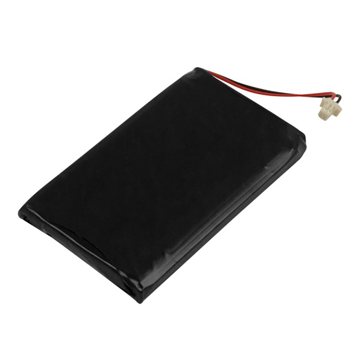 Batteria nera con fili rosso e nero e connettore bianco.