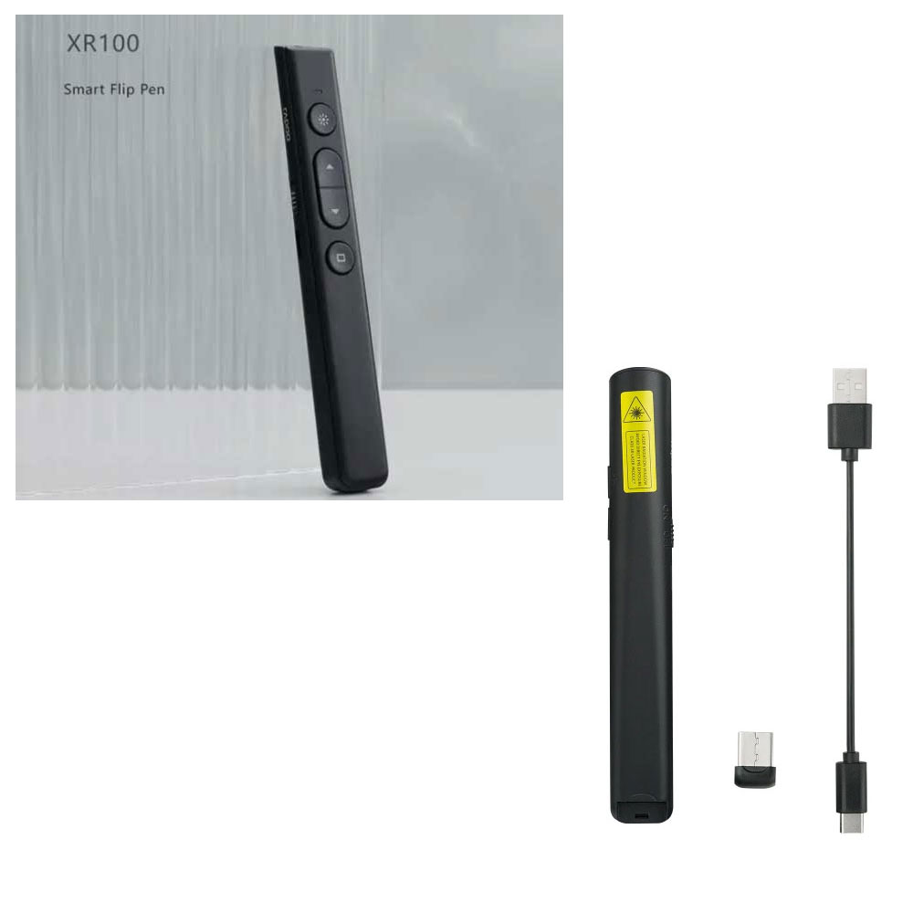 Beyaz arka plan üzerinde USB kablosu ve adaptörü bulunan siyah sunum kalemi.