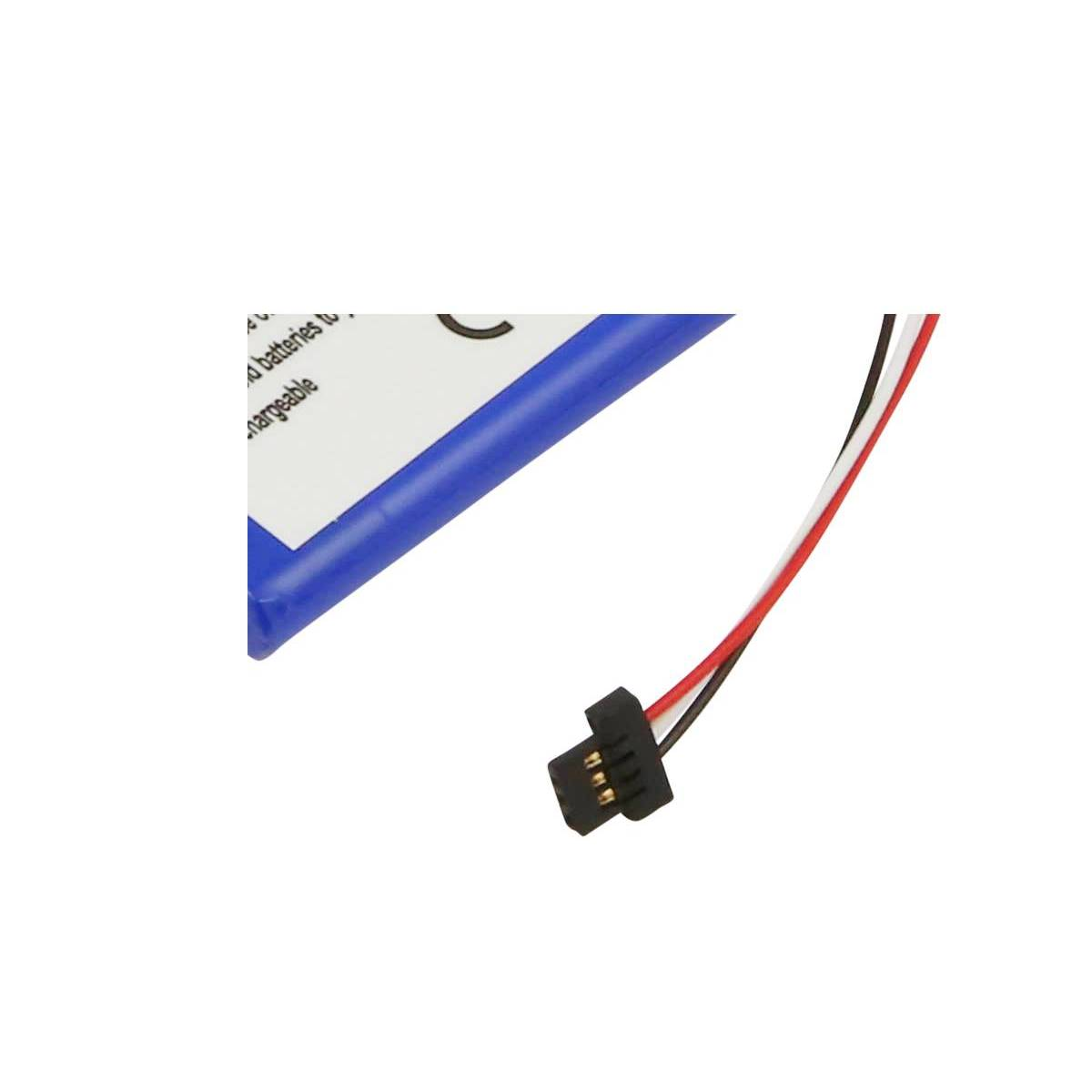 Un pacco batteria blu con connettore nero e fili rosso, bianco e nero.