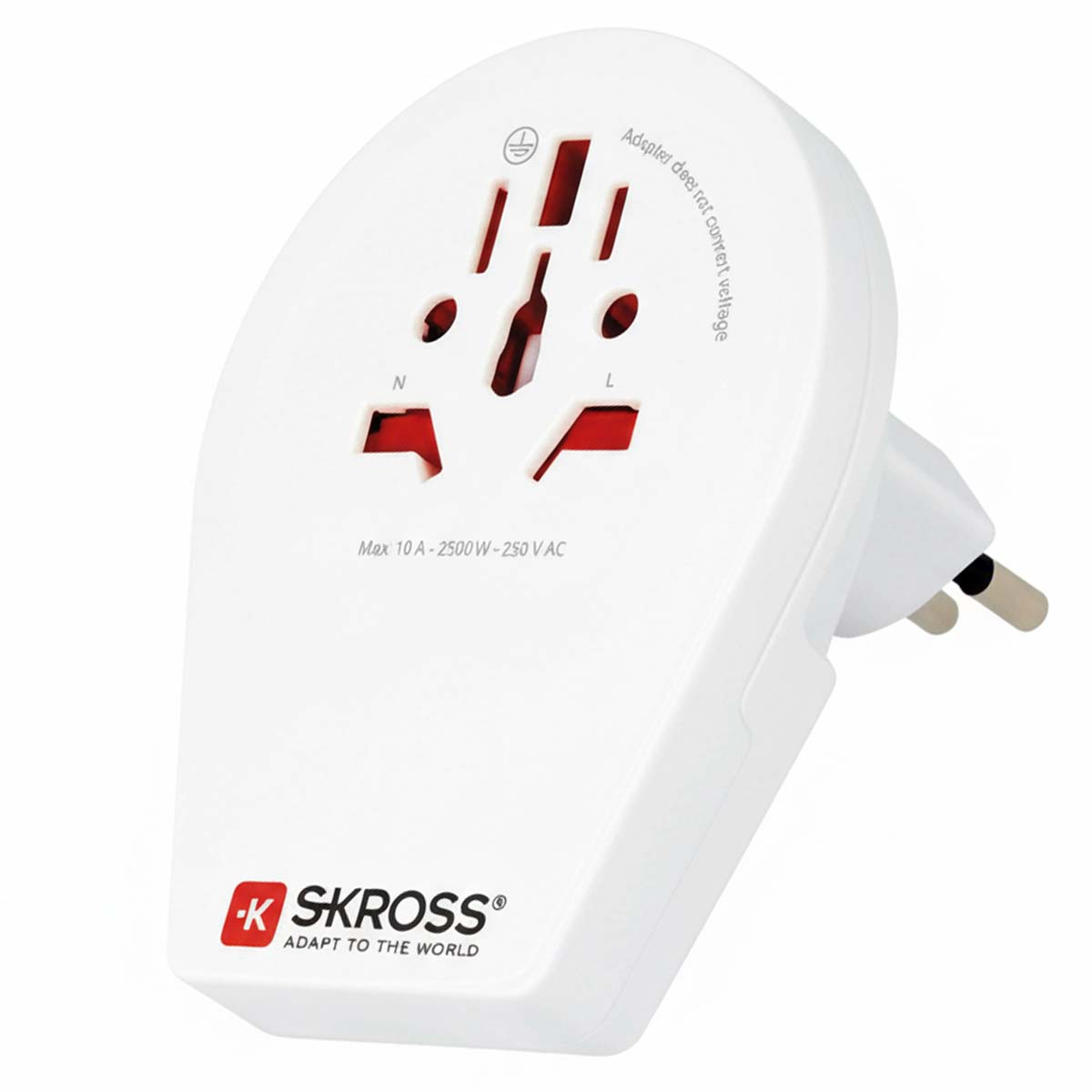 Adattatore da viaggio SKROSS bianco con prese universali e una spina.