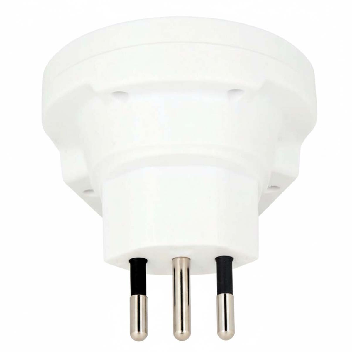 Adattatore da viaggio bianco con tre spinotti metallici e cappucci isolanti neri.