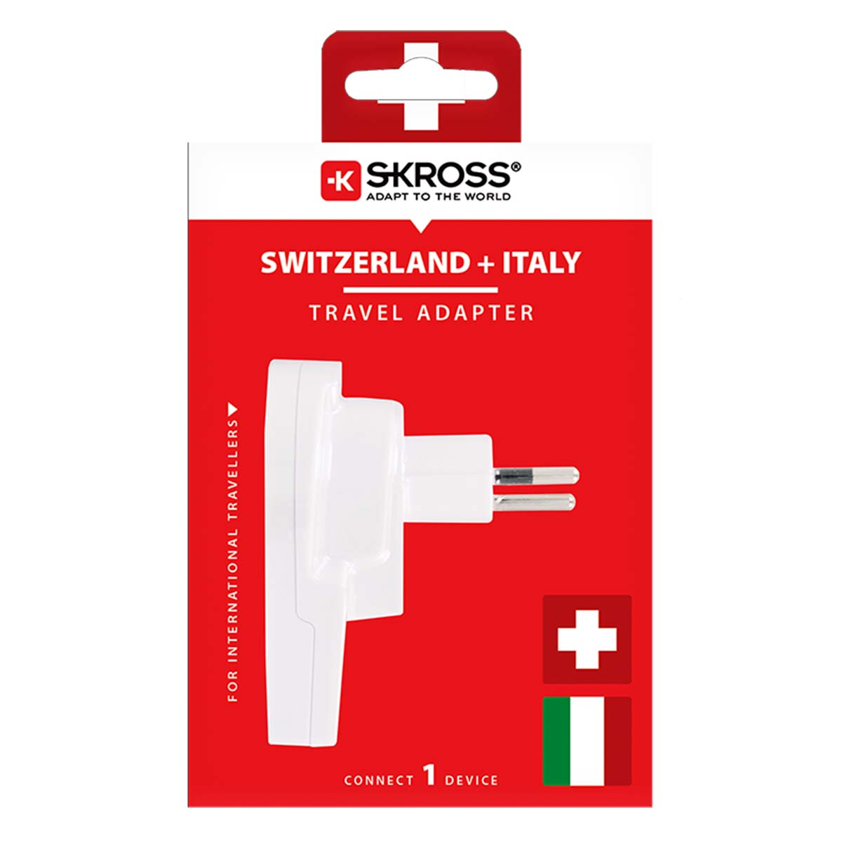 Adattatore da viaggio bianco per Svizzera e Italia su confezione rossa.