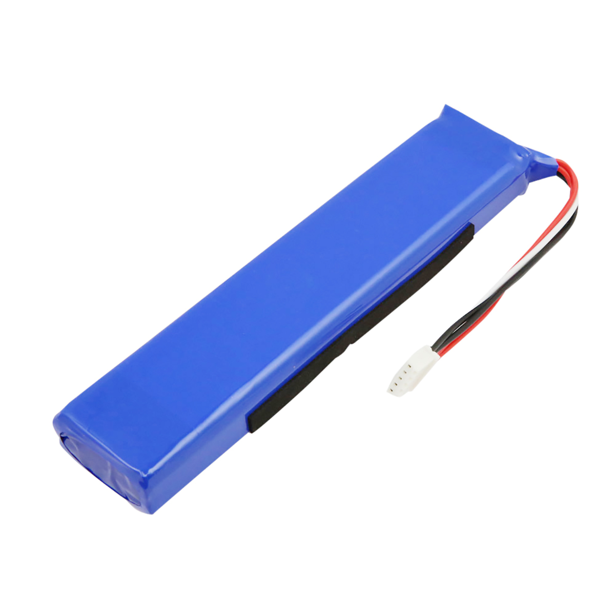 Batteria blu ai polimeri di litio con connettore bianco e tre fili.