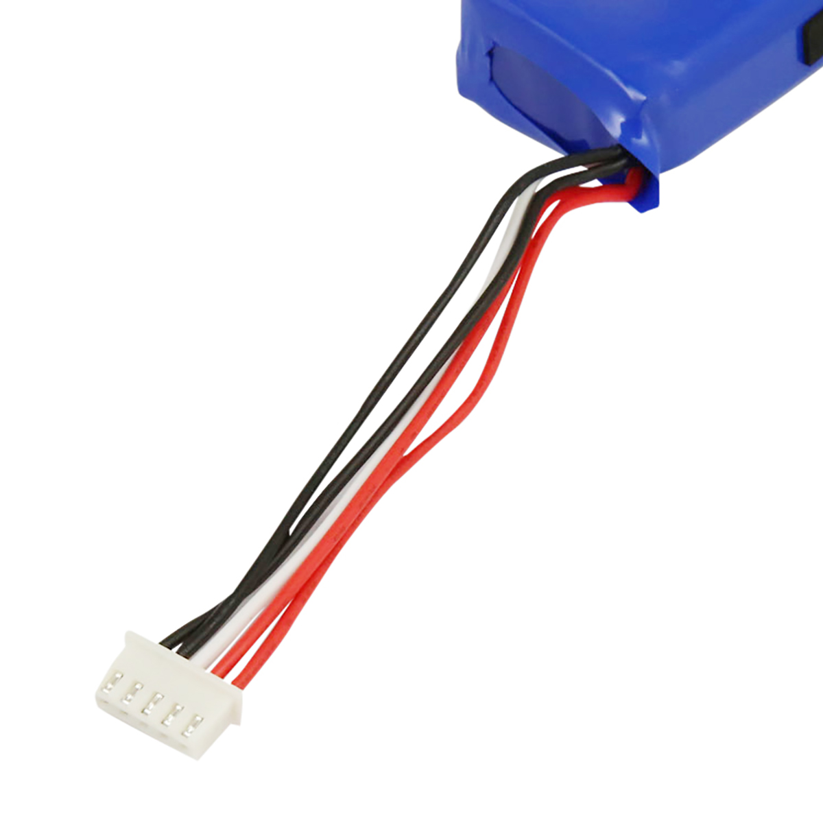 Un pacco batteria blu con fili rossi, neri e bianchi che escono dal lato.