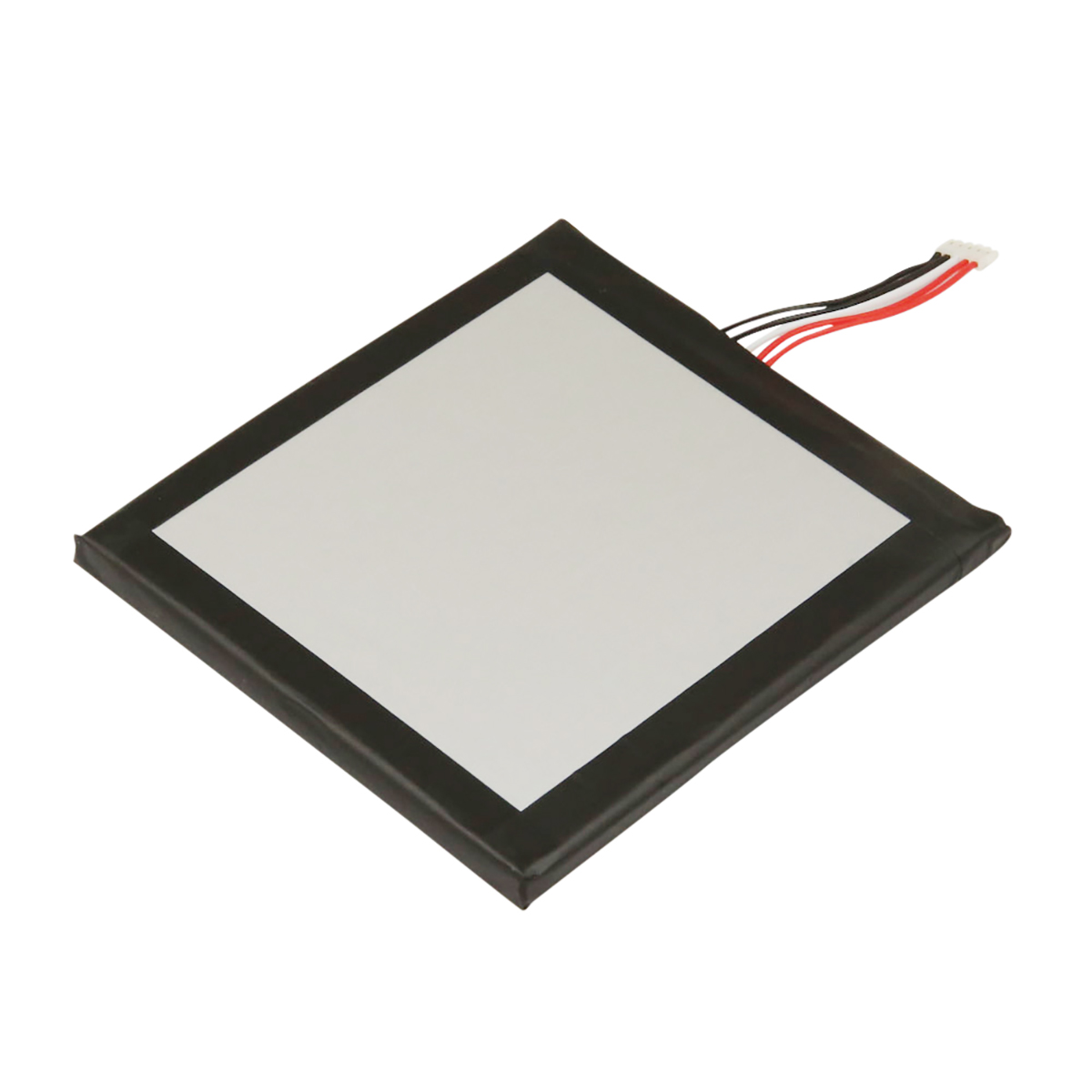 Batteria rettangolare con centro bianco e bordo nero. Tre cavi sporgono.