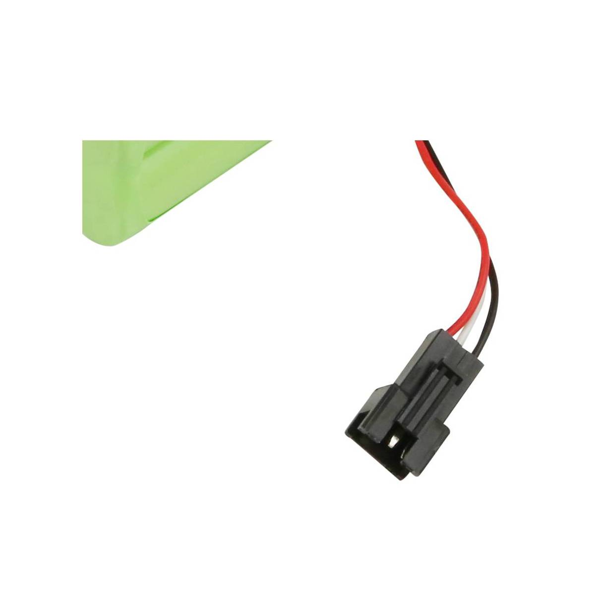 Un oggetto verde con connettore nero e fili rosso, bianco e nero.