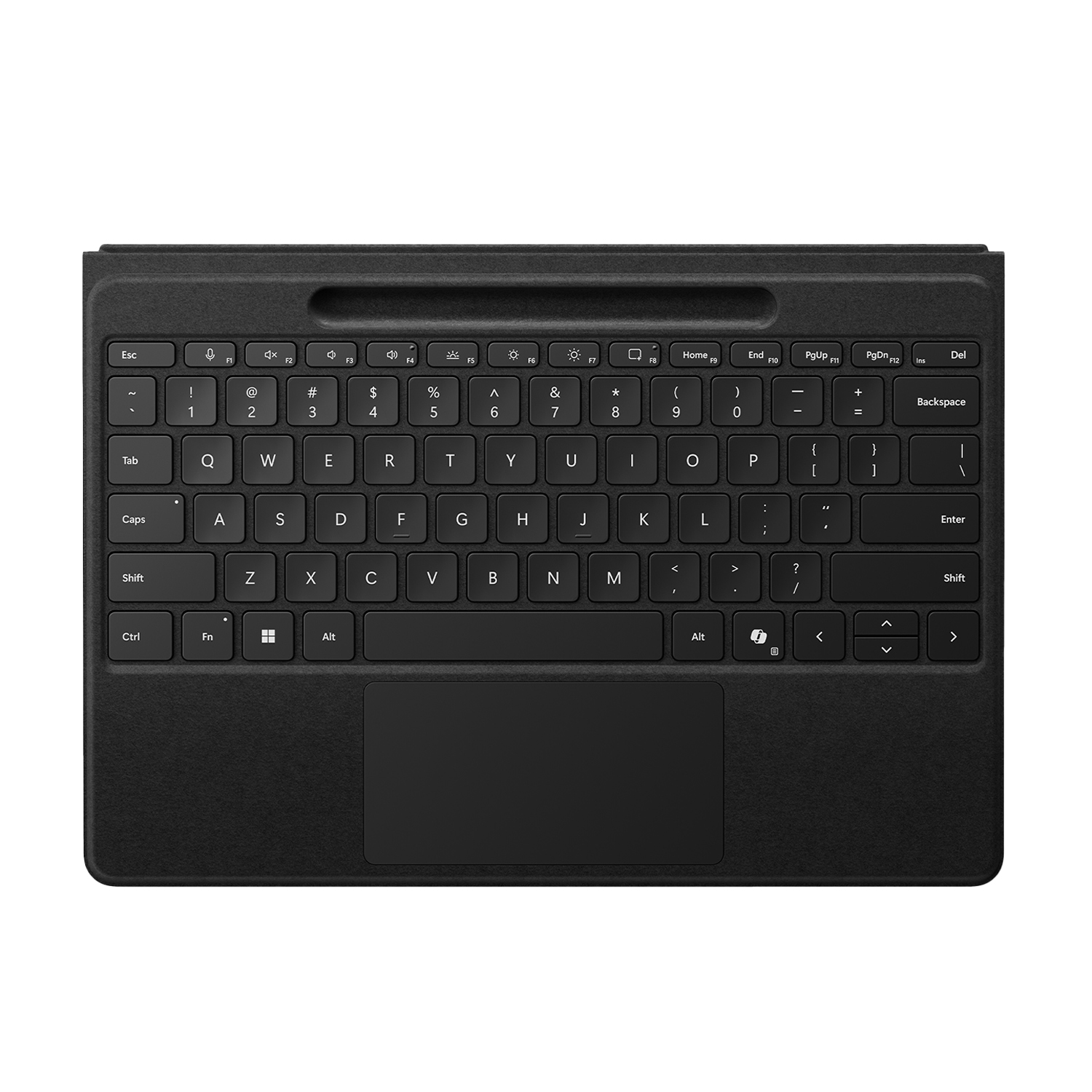 Una tastiera nera con touchpad. I tasti sono etichettati QWERTY.