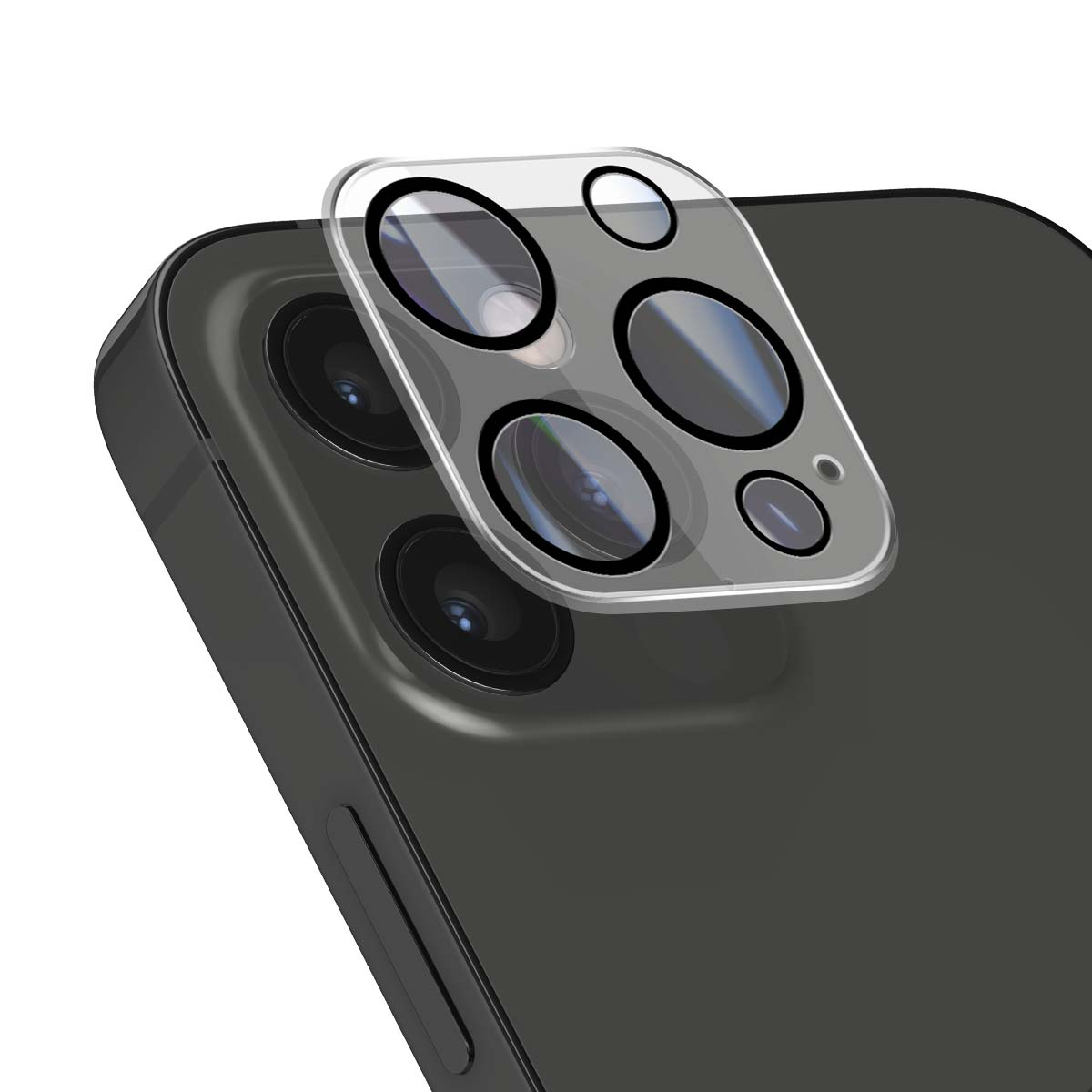 Een heldere beschermfolie voor de cameramodule van een donkere smartphone.