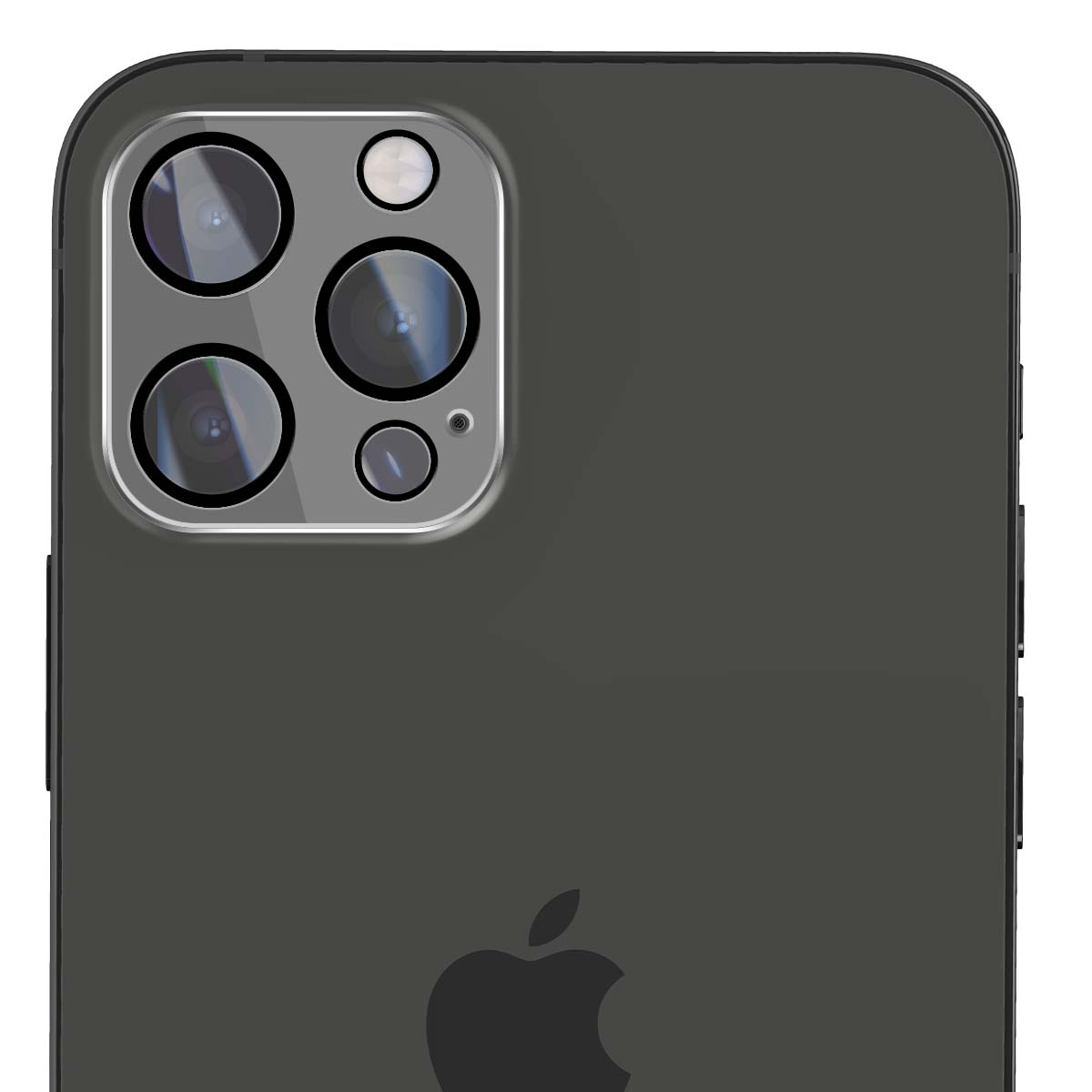 Close-up van de achterkant van een donkere smartphone met cameramodule.