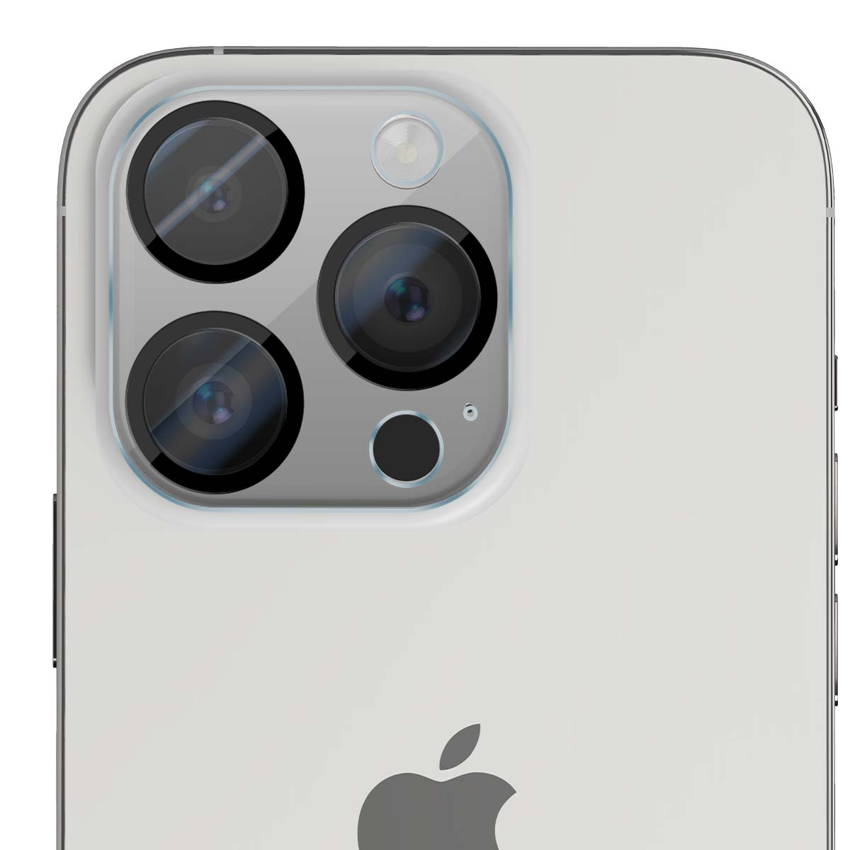 Close-up van een witte iPhone met drievoudig camerasysteem en Apple-logo.