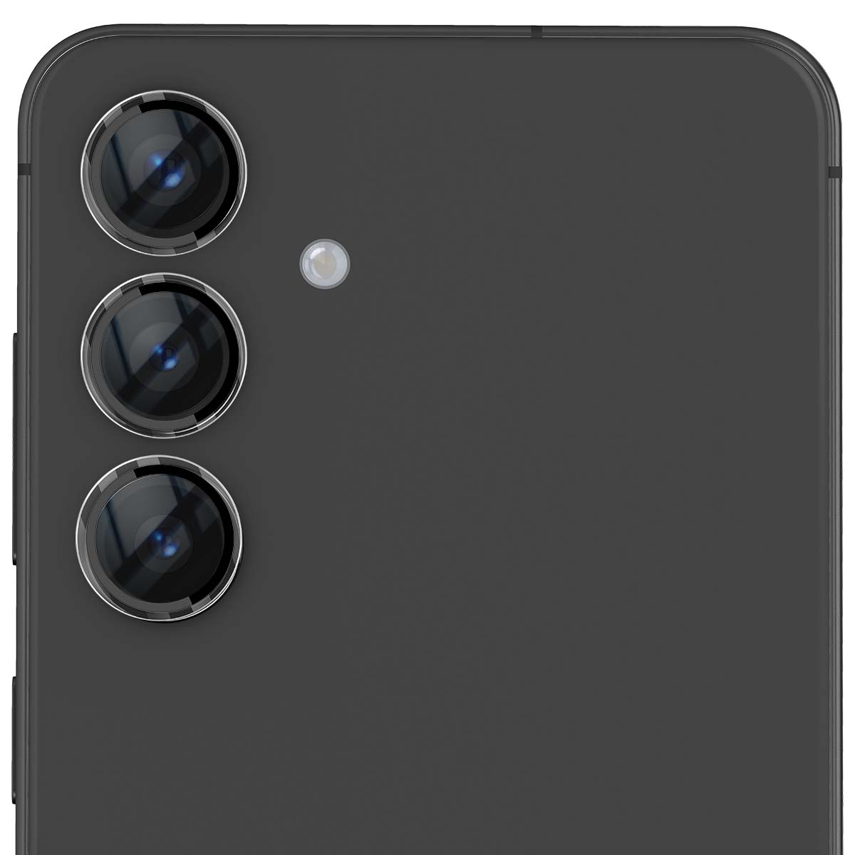 Trois caméras de smartphone noires avec anneaux argentés et flash.
