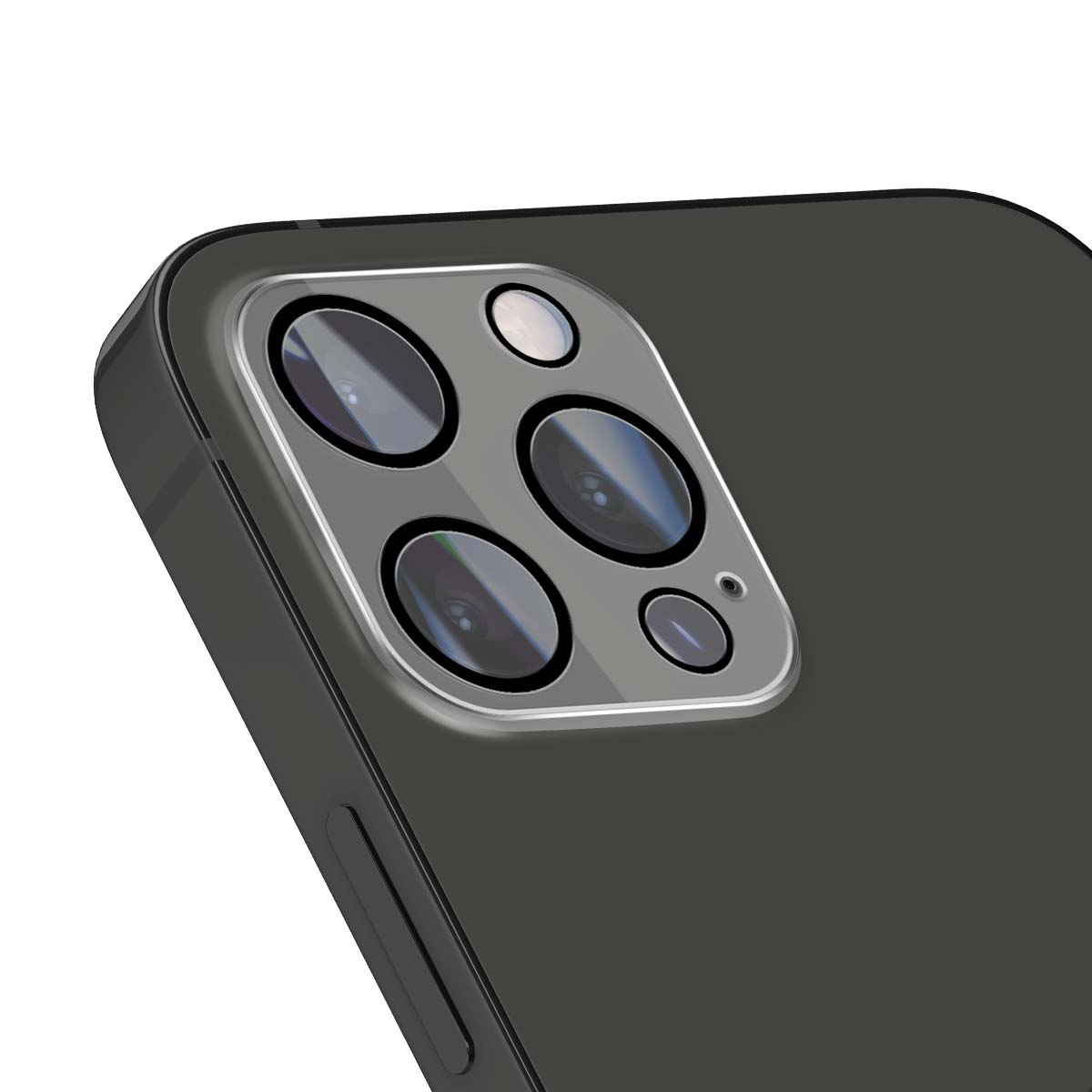 Close-up van de achterkant van een donkergrijze telefoon met vierkante cameralens.
