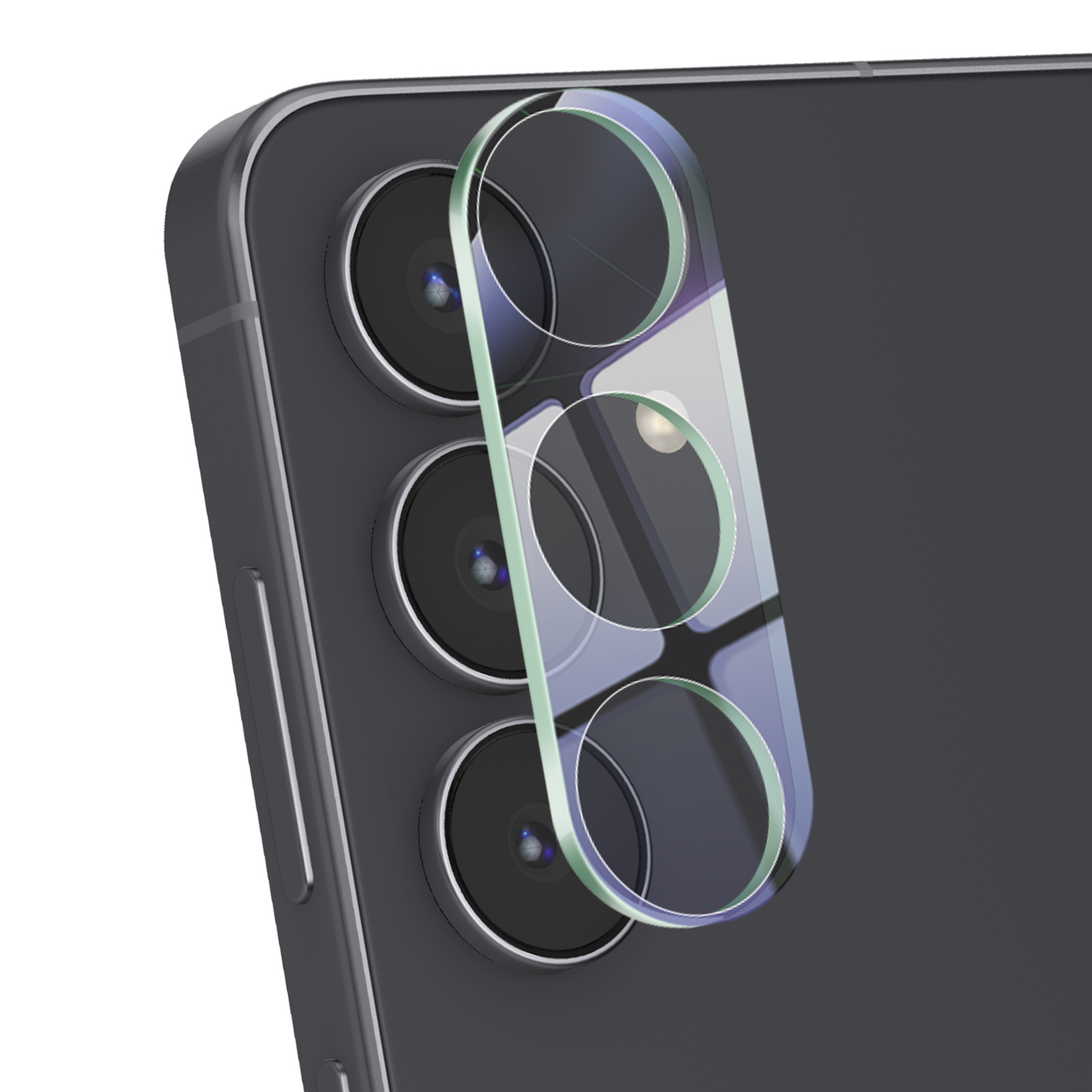 Primer plano de las lentes de cámara de un smartphone oscuro con cubierta protectora.