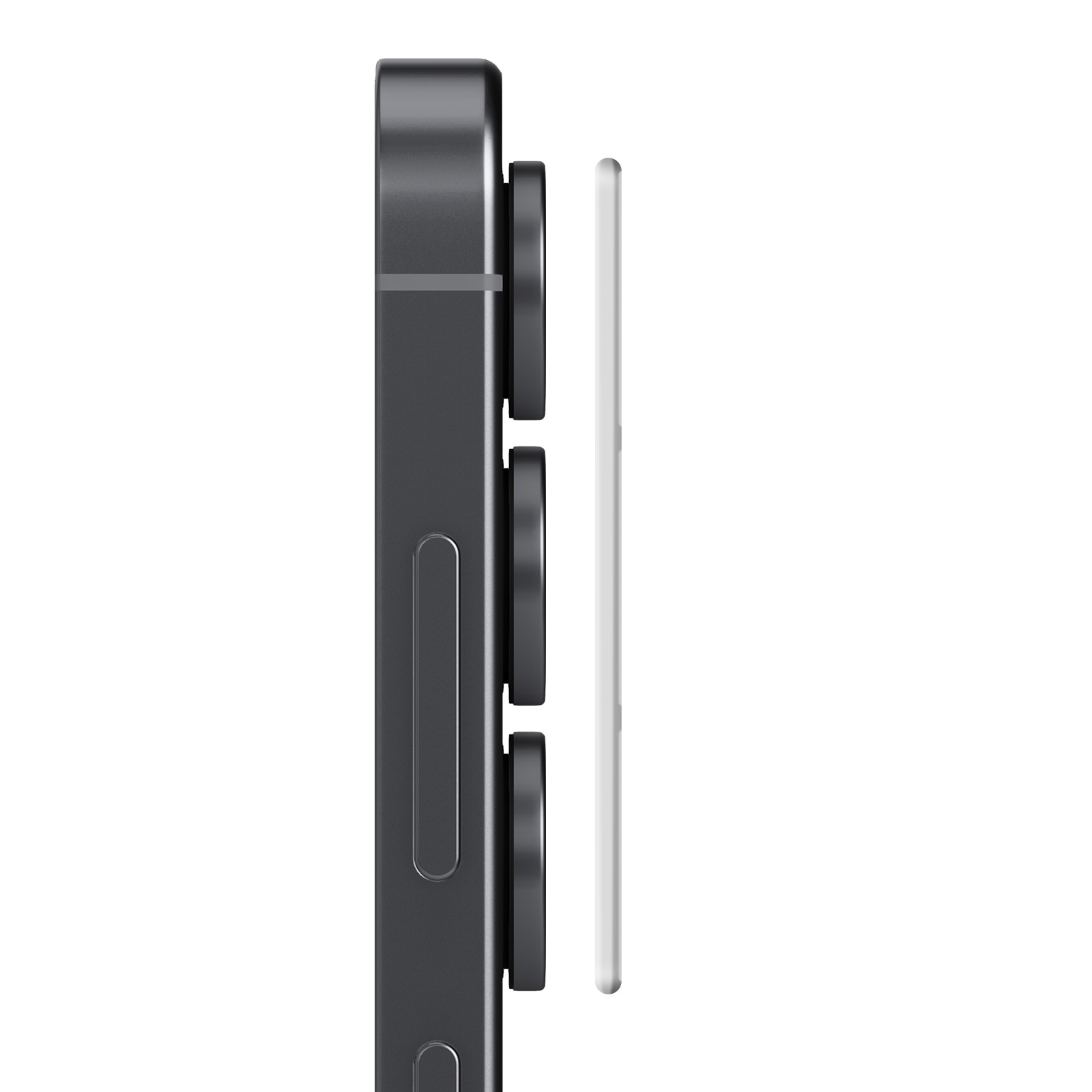 Teléfono inteligente gris con tres lentes de cámara, pantalla blanca.