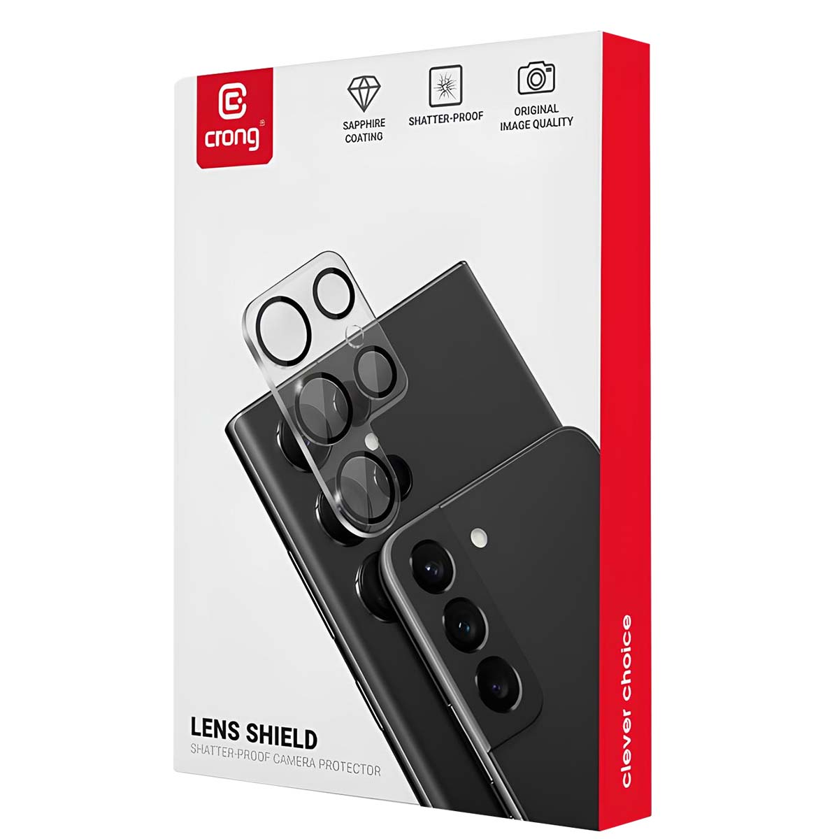 Verpakking voor lensbeschermer met smartphone camera illustratie.