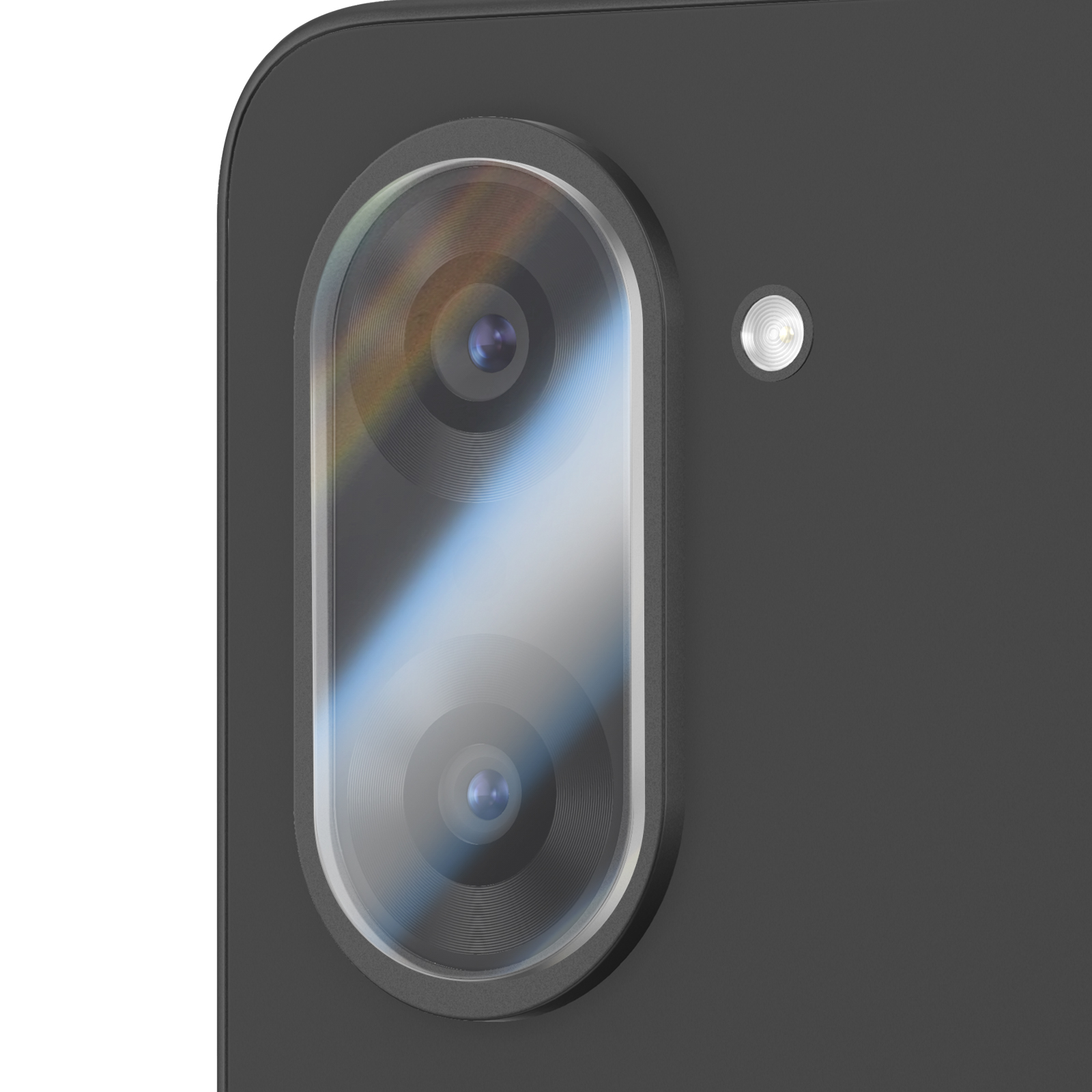 Close-up van een dubbele smartphonecamera en flitser op zwarte achtergrond.