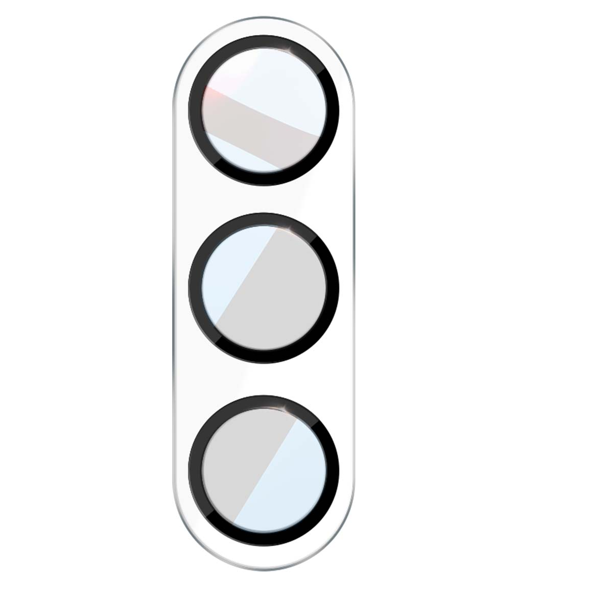 Tres lentes de cámara redondas con anillos negros sobre fondo blanco.