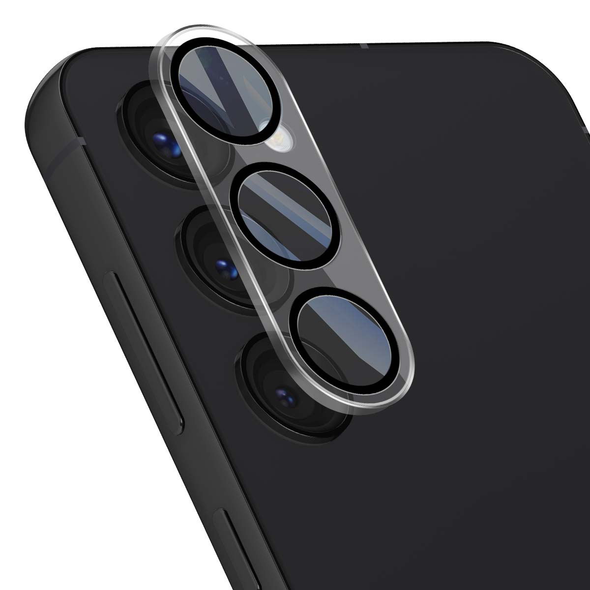 Protection transparente sur trois objectifs de caméra d'un téléphone noir.