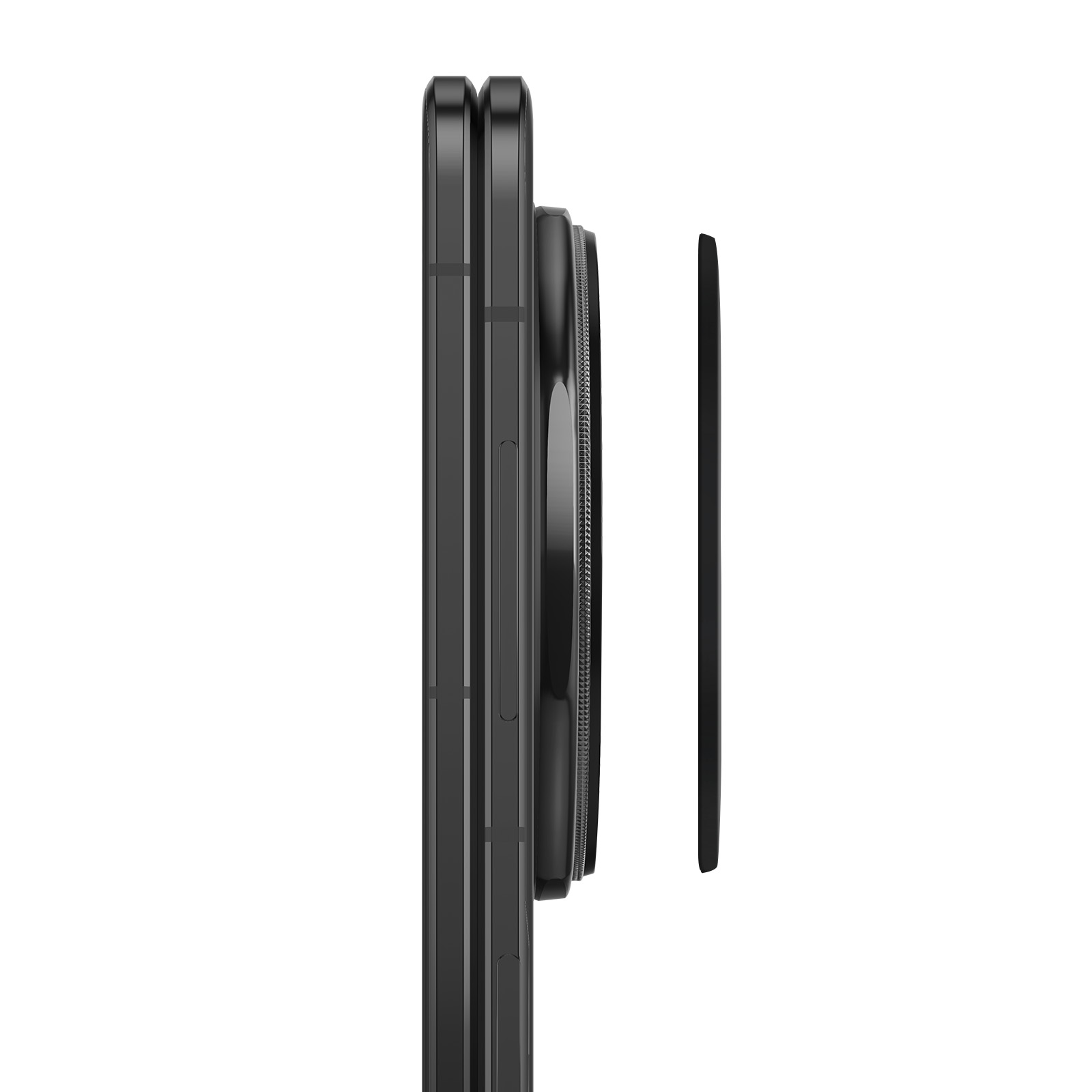 Een zwarte smartphone met magnetische ringhouder, witte achtergrond.
