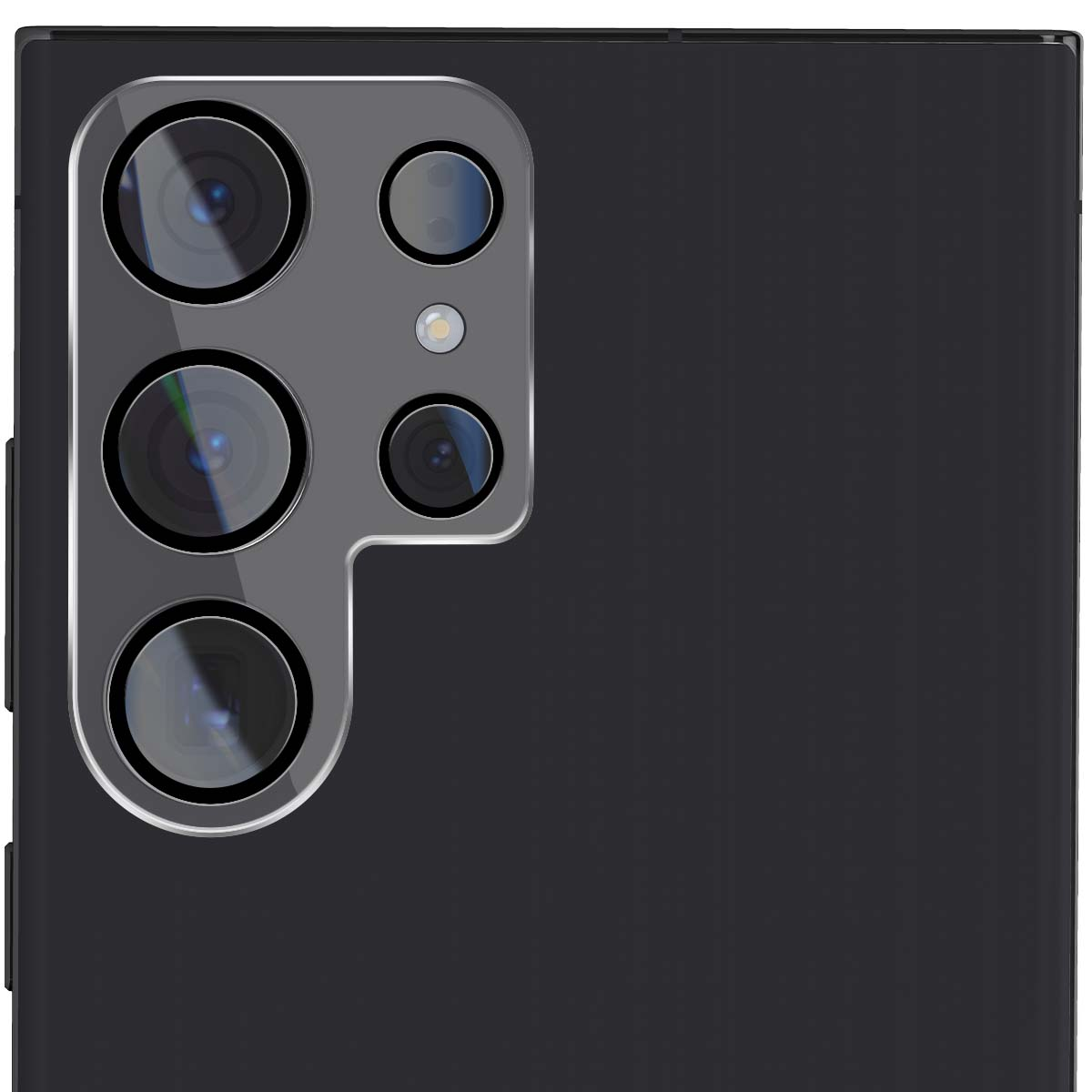 Primo piano del retro di uno smartphone nero con il suo modulo fotocamera.