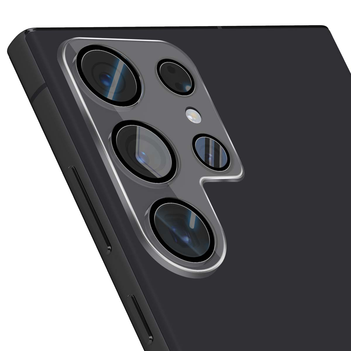 Primo piano del retro di uno smartphone nero con un complesso modulo fotocamera.