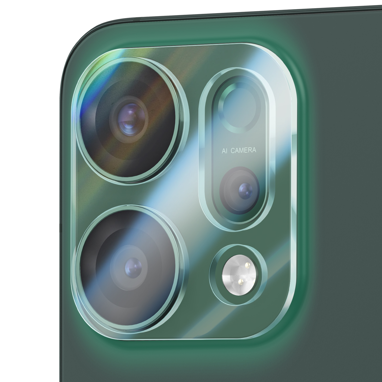 Gros plan d'un dos de téléphone vert montrant trois caméras et un flash.