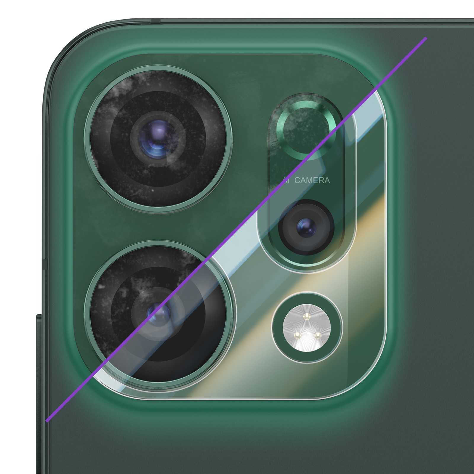 Gros plan d'un dos de smartphone vert avec trois caméras et un flash.