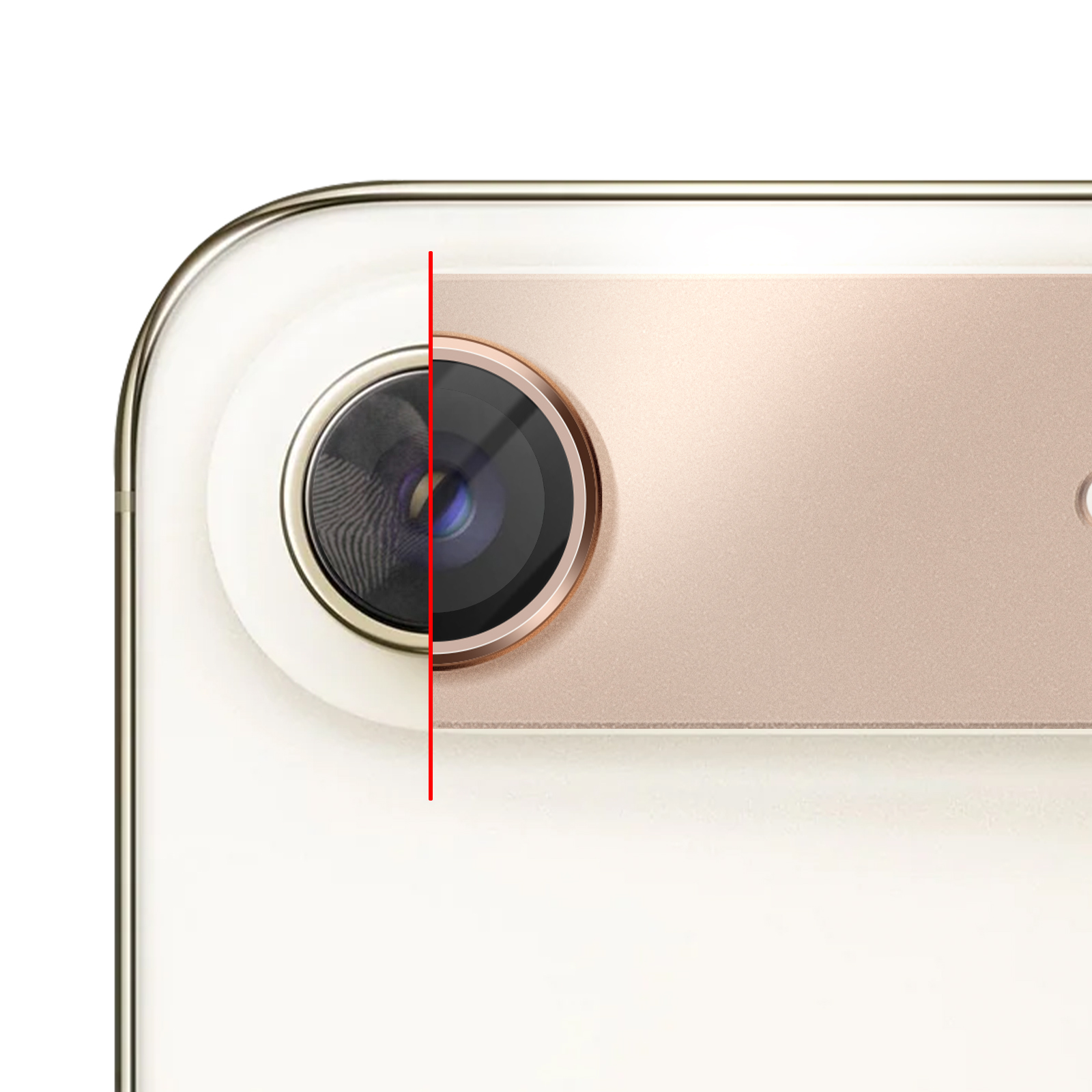 Primo piano dell'obiettivo di uno smartphone color oro rosa con linea rossa.