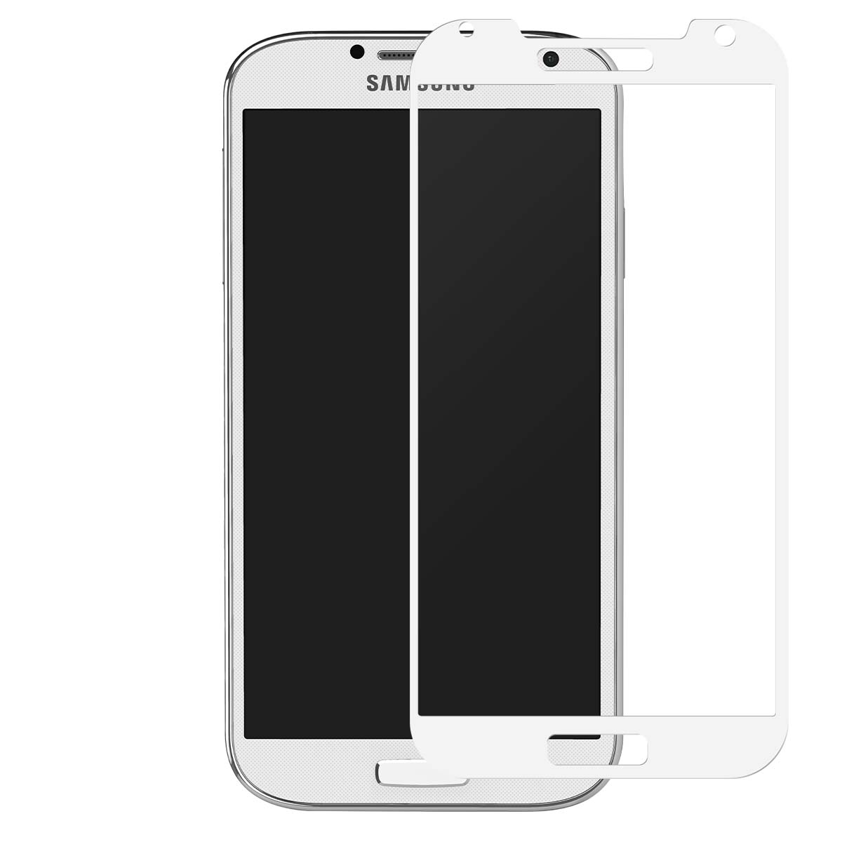 Un teléfono Samsung blanco con un protector de pantalla al lado.