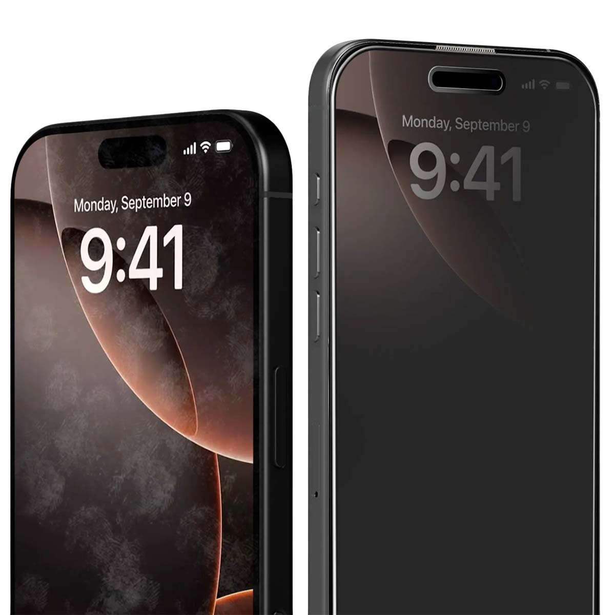 Two black smartphones side by side. Both show 9:41 AM.