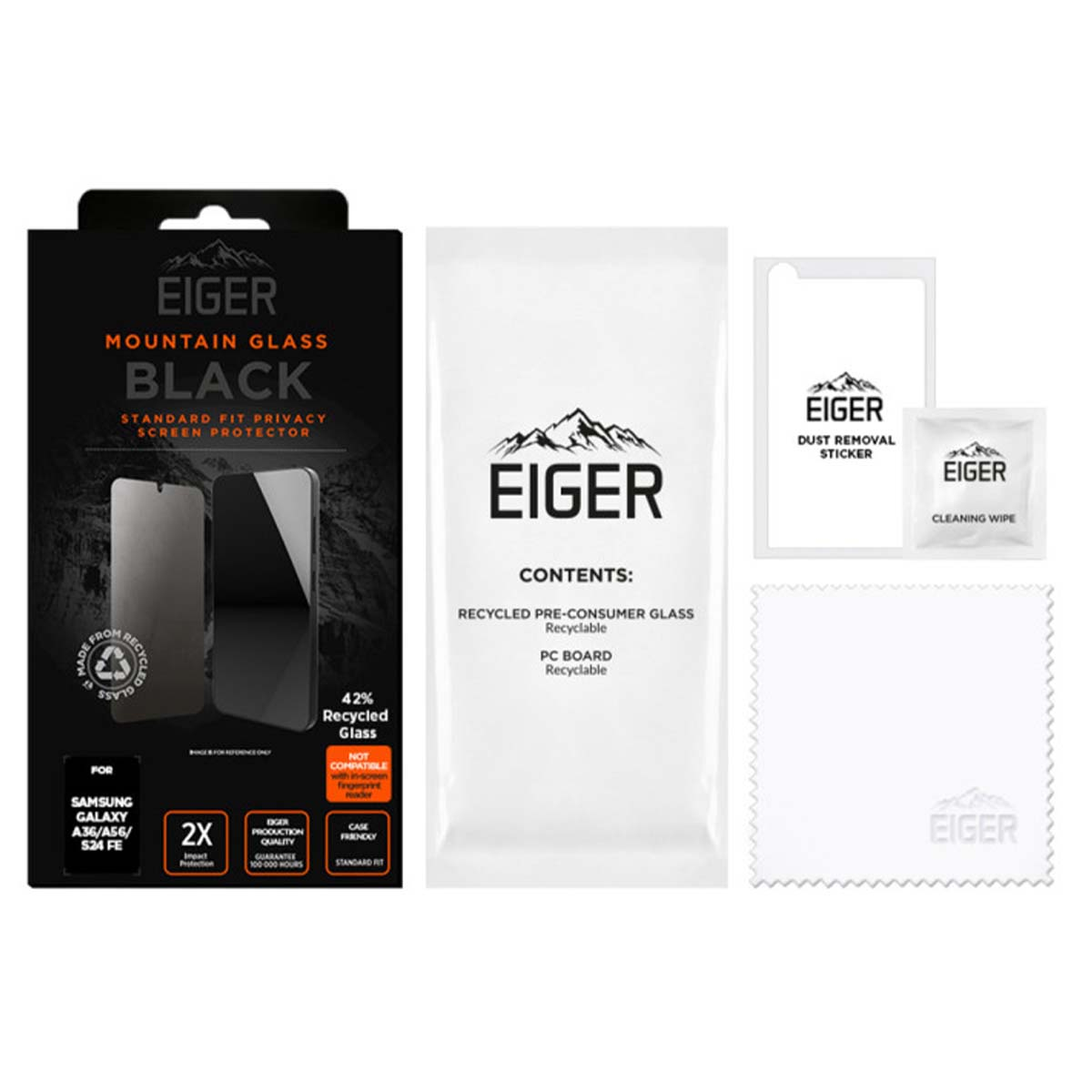 Protecteur d'écran Eiger pour Samsung Galaxy A36/A56/S24 FE avec accessoires.