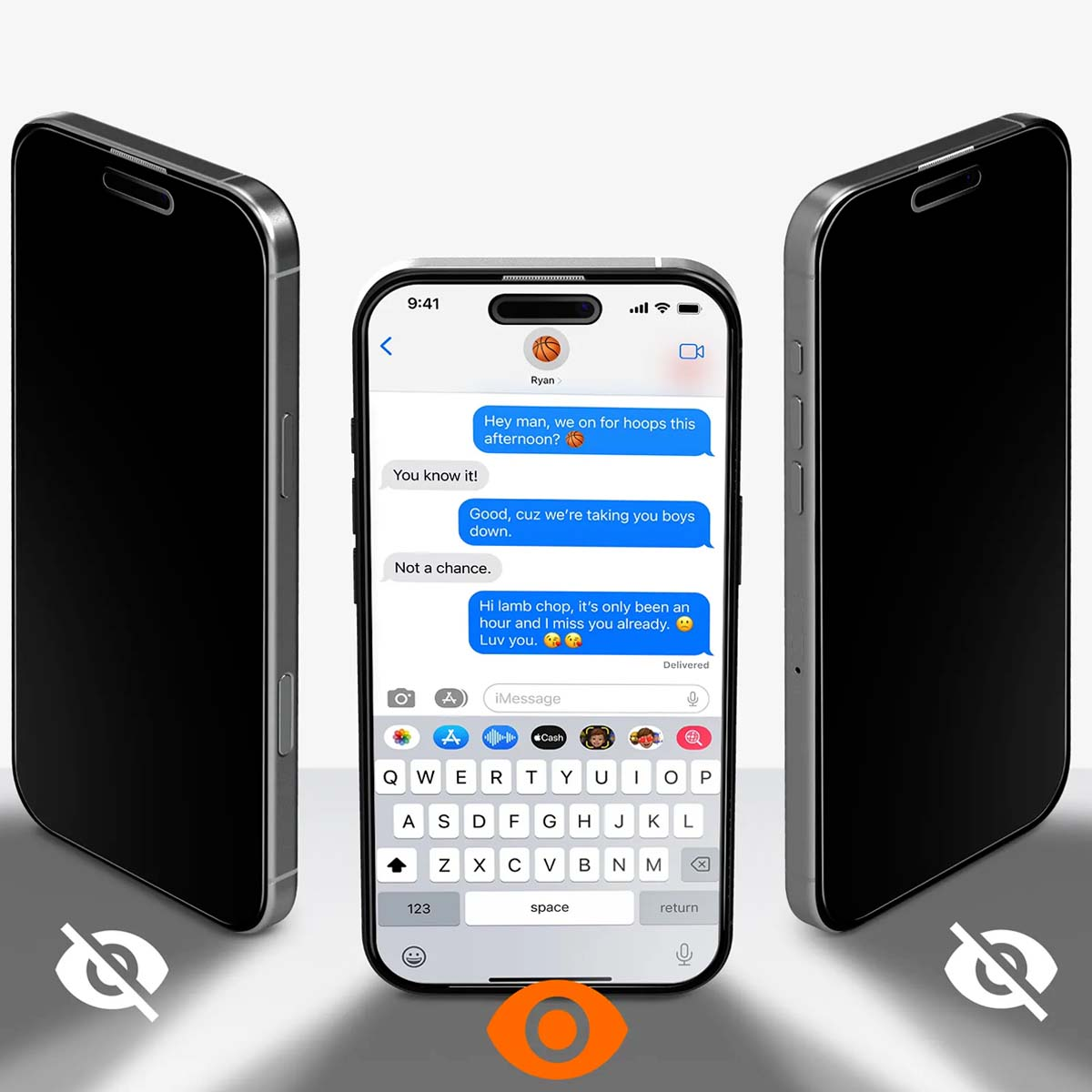 Three iPhones, one showing an open chat and keyboard. Two iPhones are black.