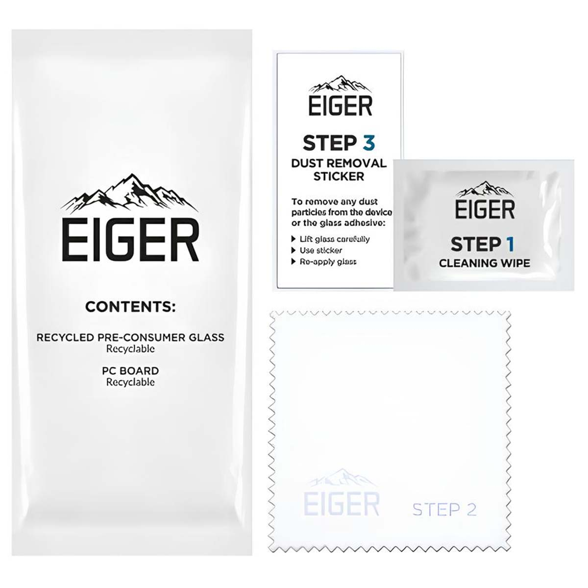 Eiger productverpakking met instructies: reinigingsdoekje, stofverwijderingssticker, doekje.