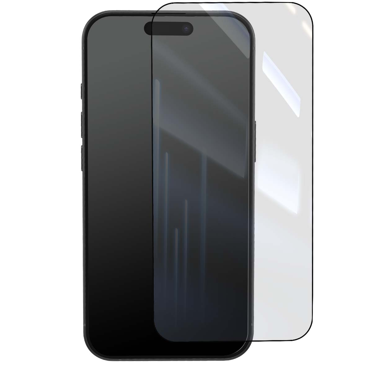 Een zwarte smartphone met een schermprotector ernaast.