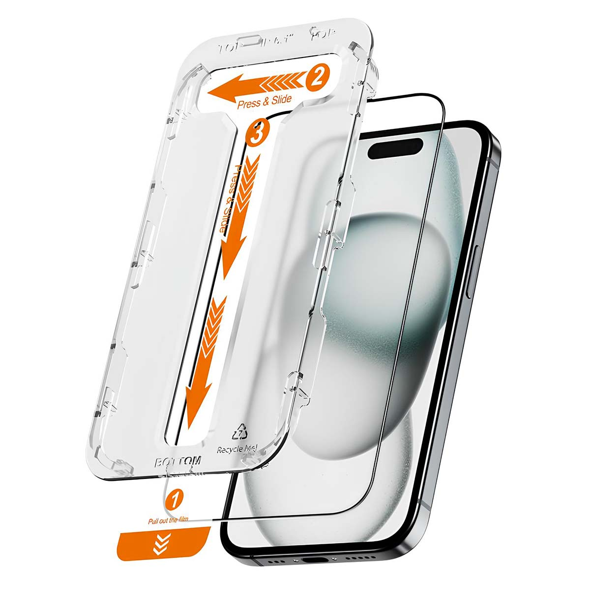 Screen protector and case for a smartphone in clear steps.