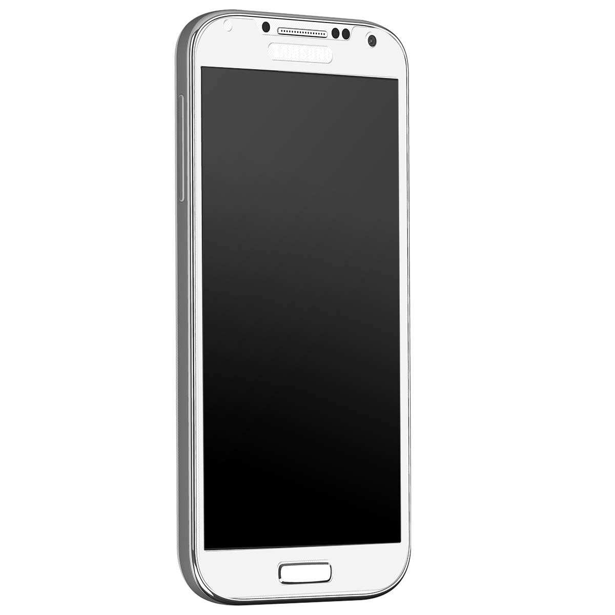 Un smartphone blanco con marco plateado y pantalla negra.