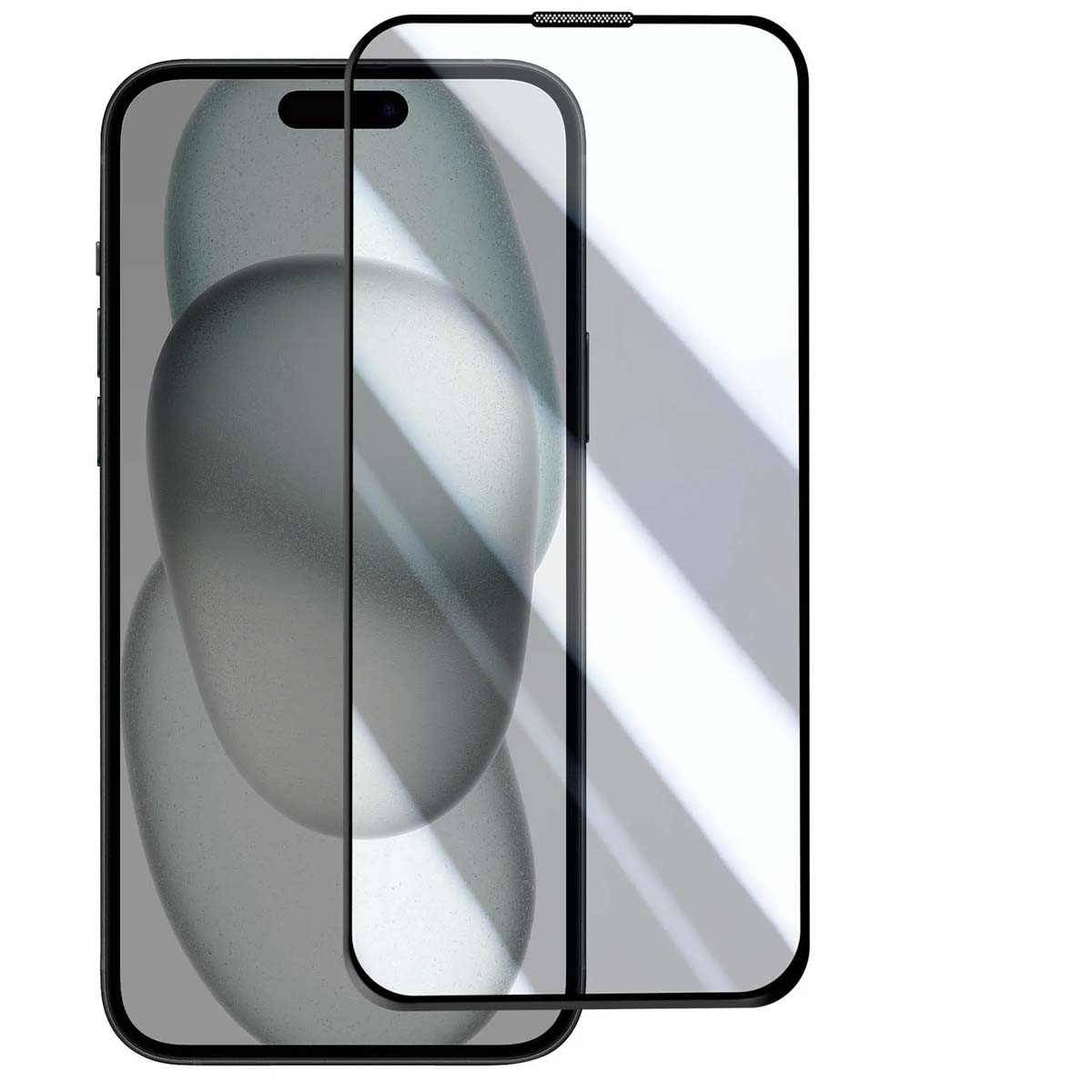 Een zwarte telefoonhoes ligt naast een glazen screenprotector.