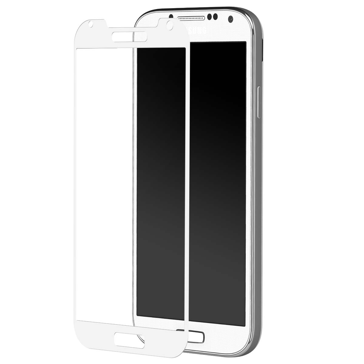 Un protector de pantalla sobre un teléfono inteligente, sobre fondo blanco.