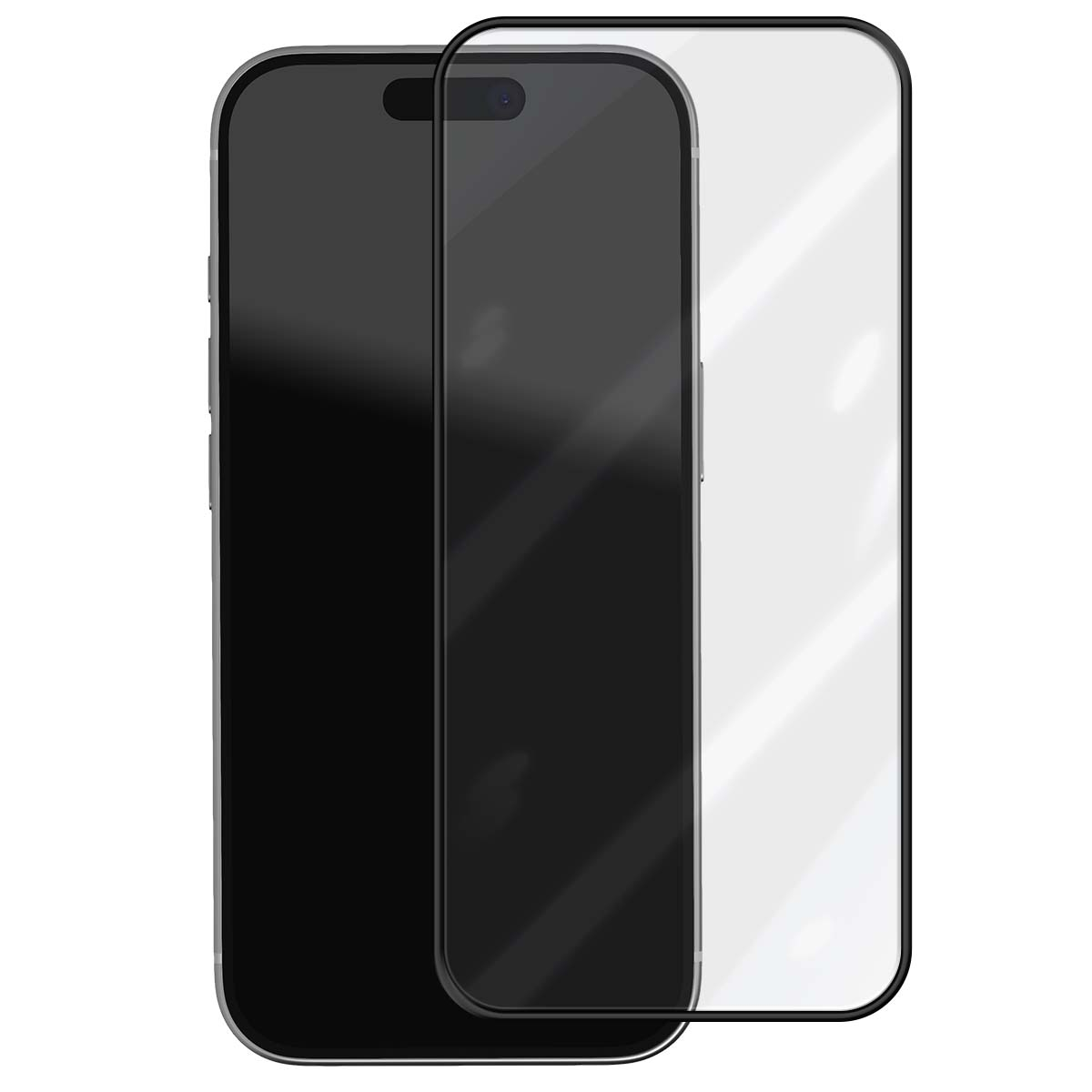 Een zwarte smartphone met een schermprotector ernaast.