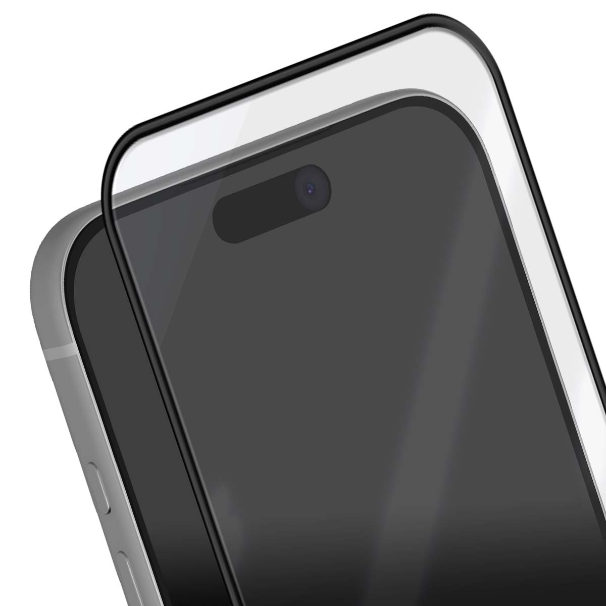 Close-up van een zwarte smartphone met een screenprotector.