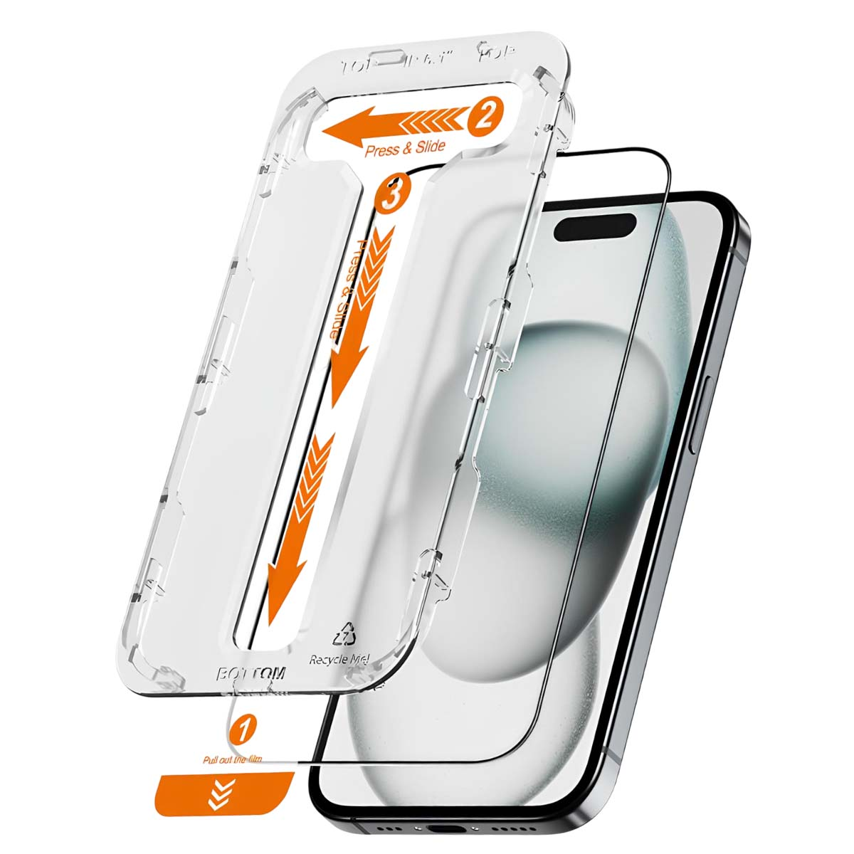 Doorzichtige telefoonhoes met installatie-instructies voor screenprotector.