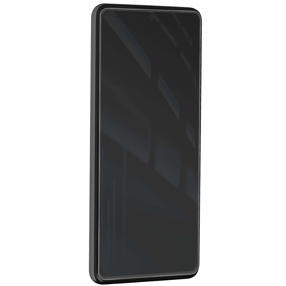 Uno smartphone nero con schermo scuro, vista laterale.