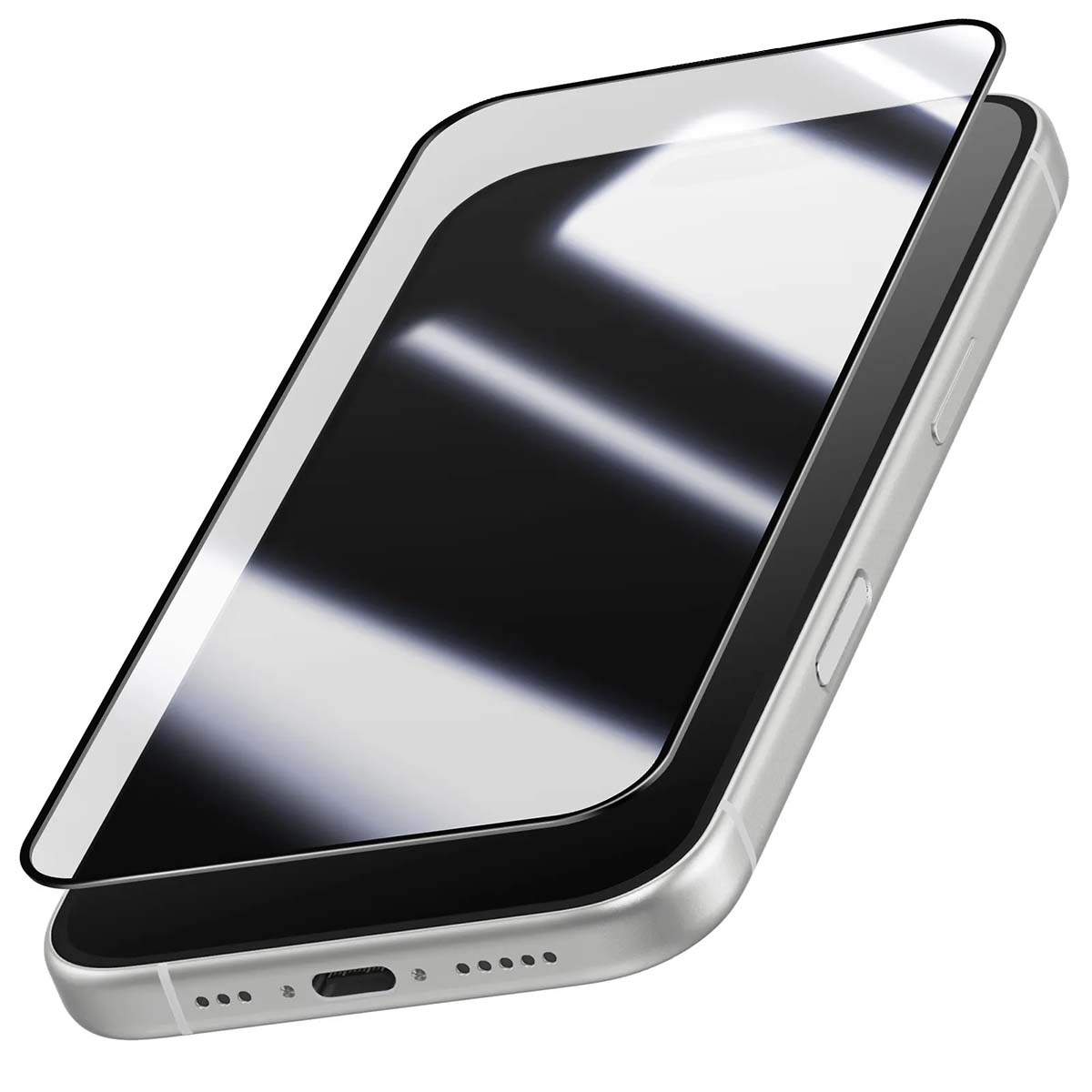 Een zilveren smartphone met een glazen screenprotector aangebracht.